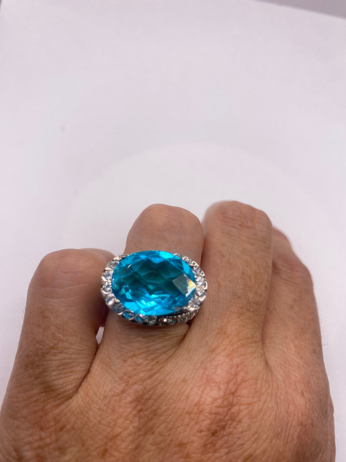 Vintage Blue Fluorite 925 Sterling Silver Cocktail Ring Size 6.5