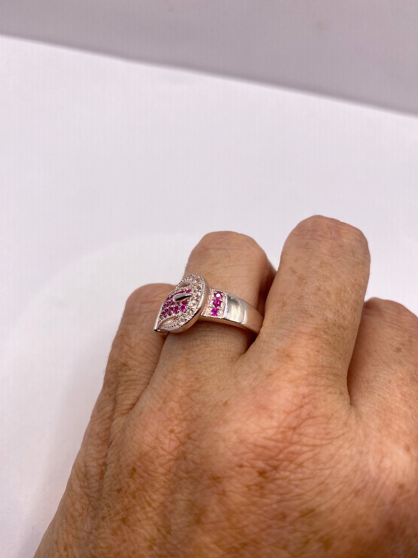 Vintage Pink Ruby Buckle 925 Sterling Silver Band Ring