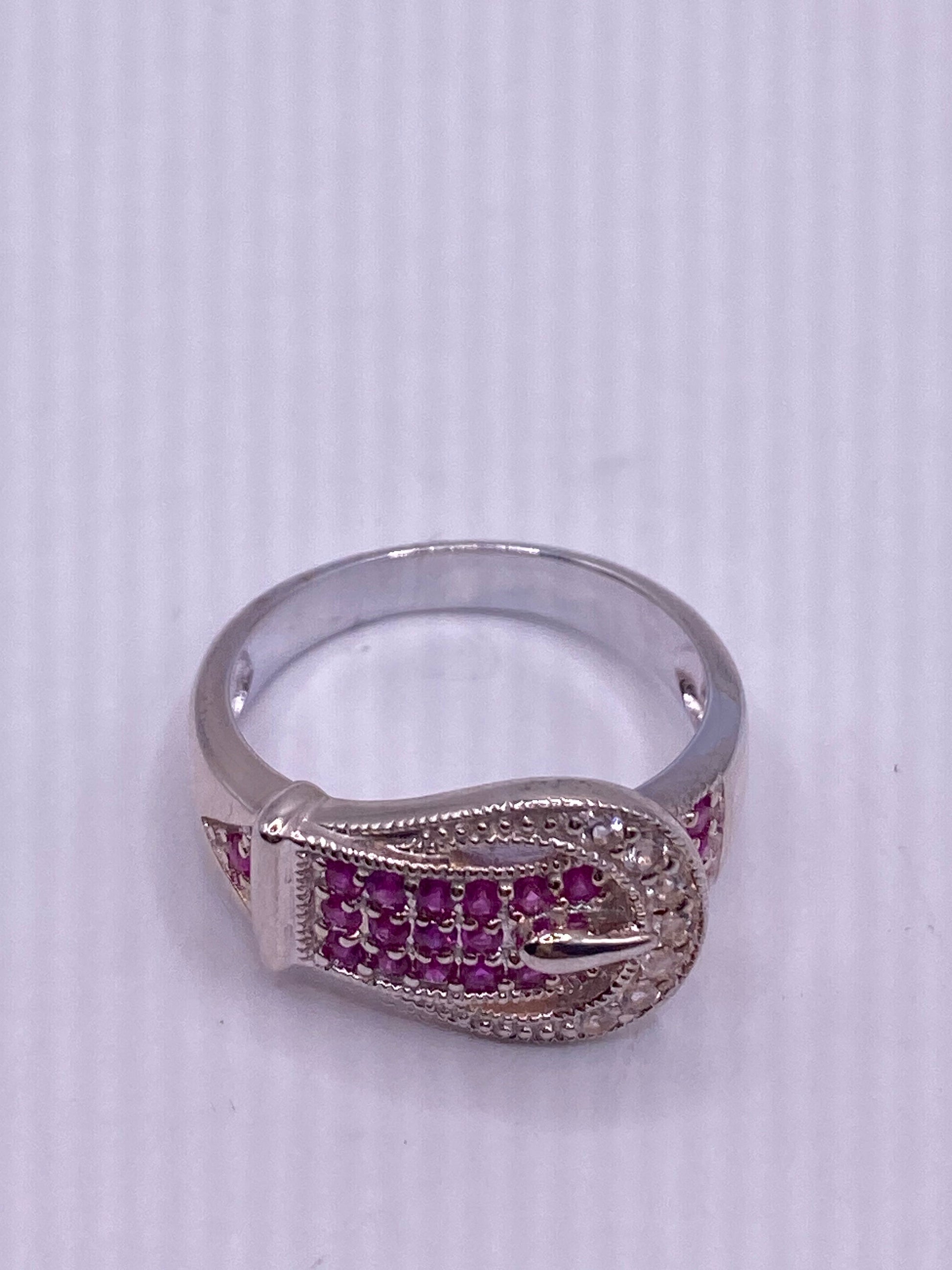 Vintage Pink Ruby Buckle 925 Sterling Silver Band Ring