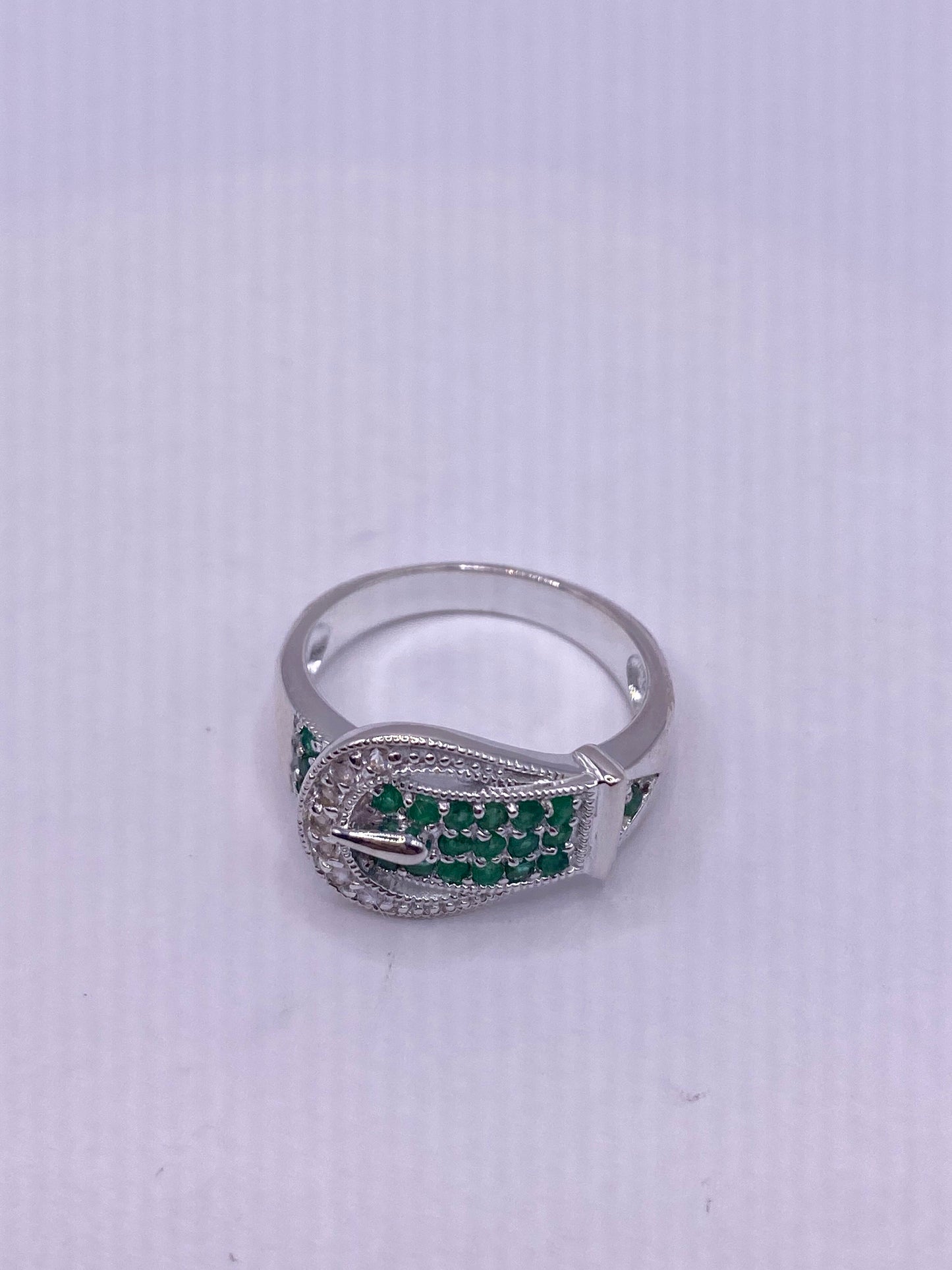 Vintage Green Emerald 925 Sterling Silver Buckle Ring