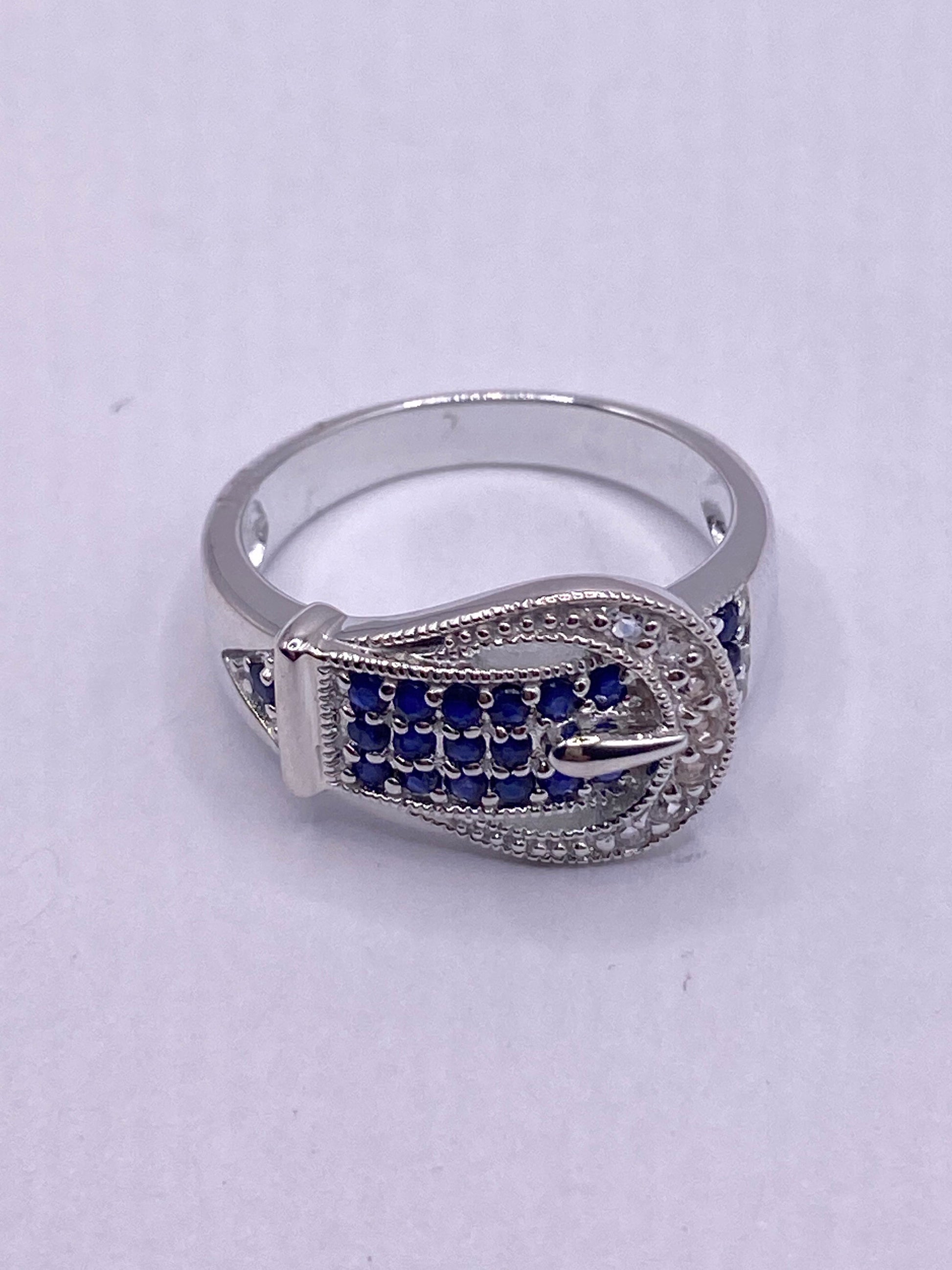 Vintage deep blue sapphire setting 925 Sterling Silver buckle Ring