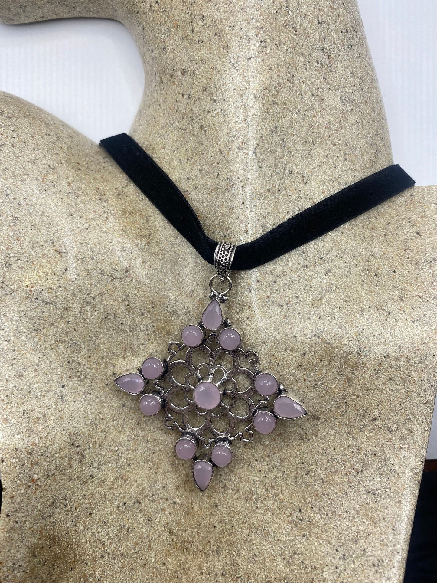 Vintage Handmade Silver Finish Rose Quartz Choker Pendant