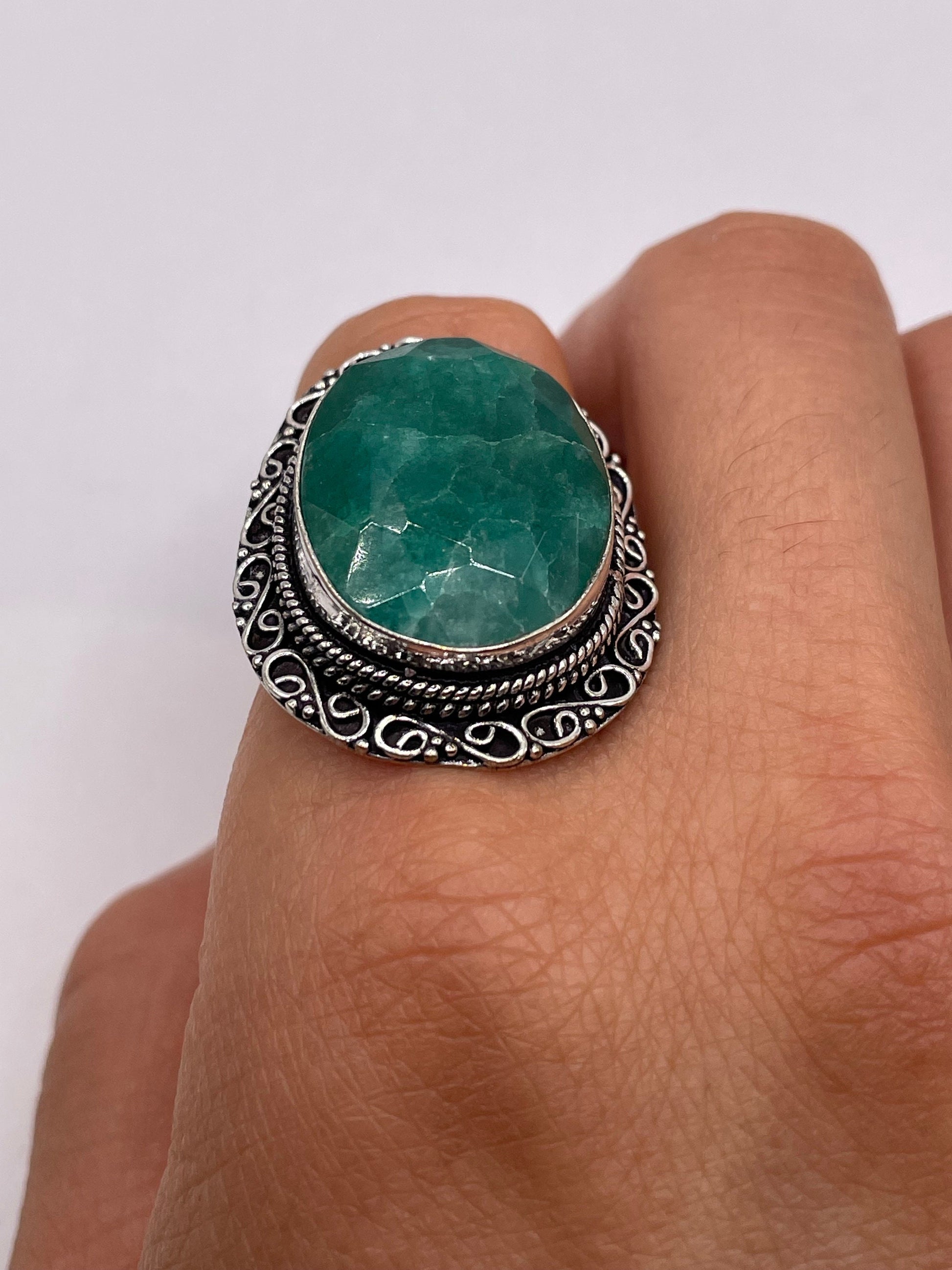 Vintage Green Raw Emerald Silver Bronze Statement Boho Ring 10.5