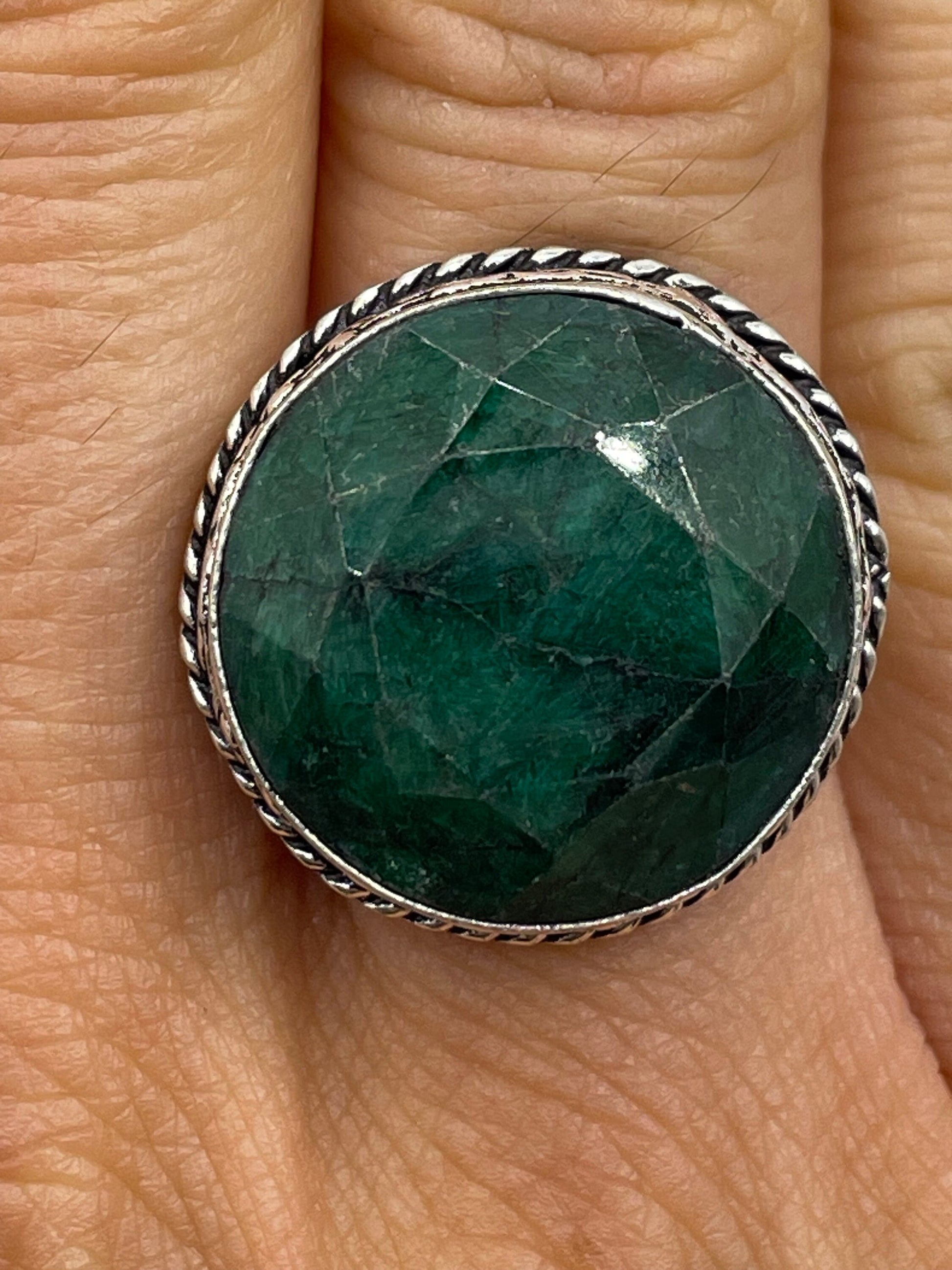 Vintage Green Raw Emerald Silver Bronze Statement Boho Ring 6.25