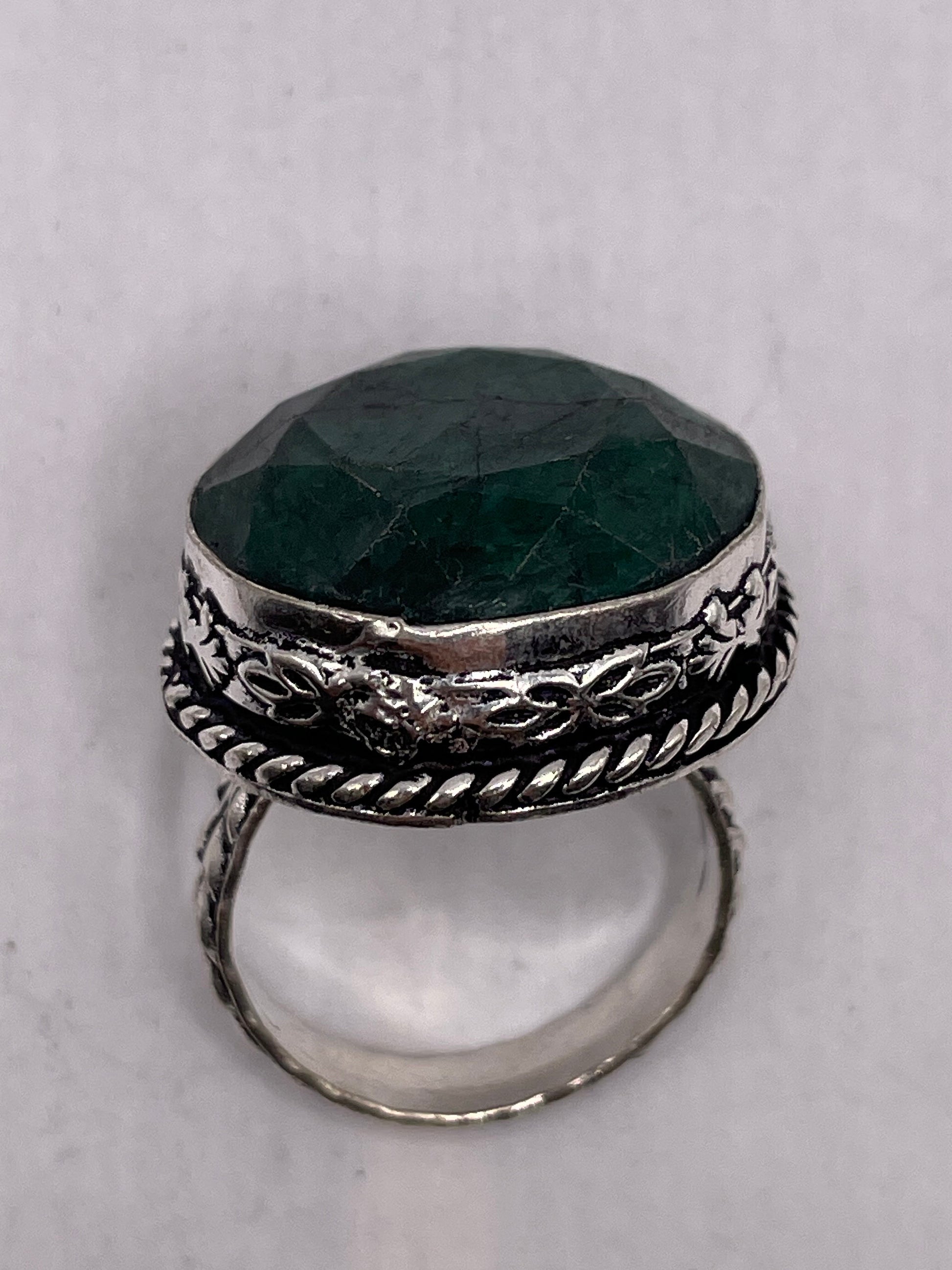 Vintage Green Raw Emerald Silver Bronze Statement Boho Ring 6.25