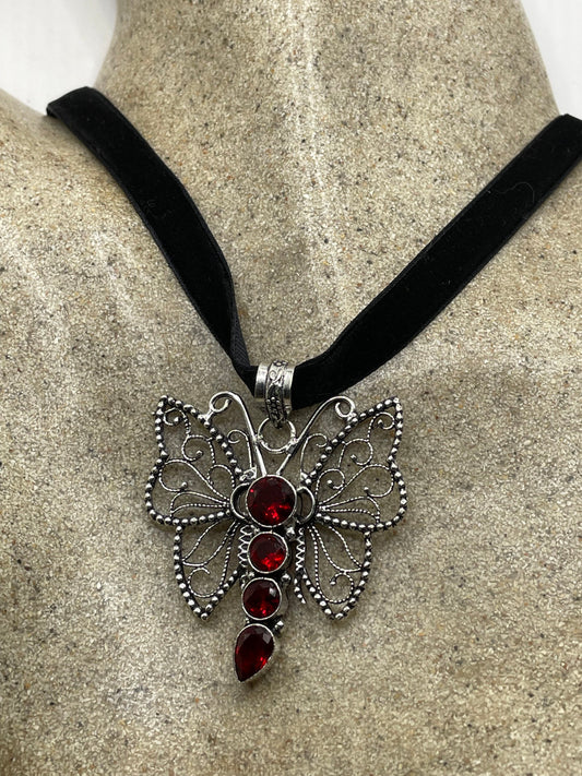 Vintage Moth Choker Red Ruby Glass Necklace