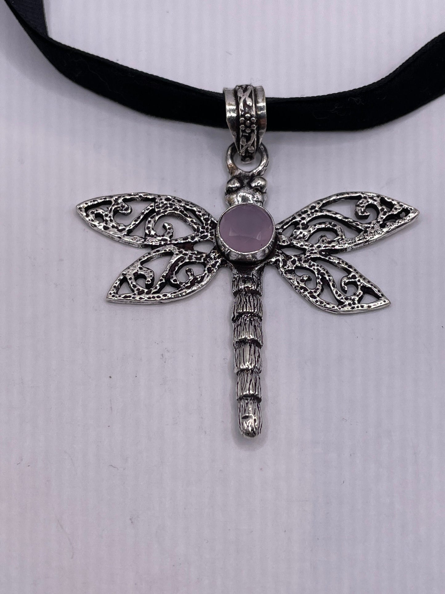 Vintage Dragonfly Choker Pink Rose Quartz Necklace