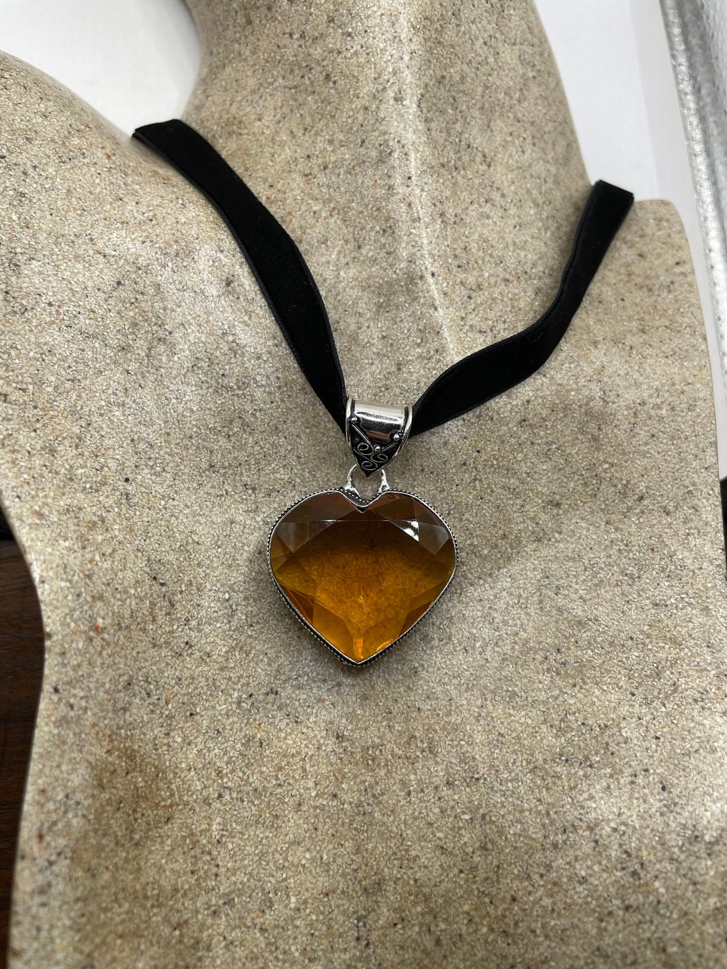 Vintage Amber Glass Heart Antique Black Velvet Ribbon Choker Necklace