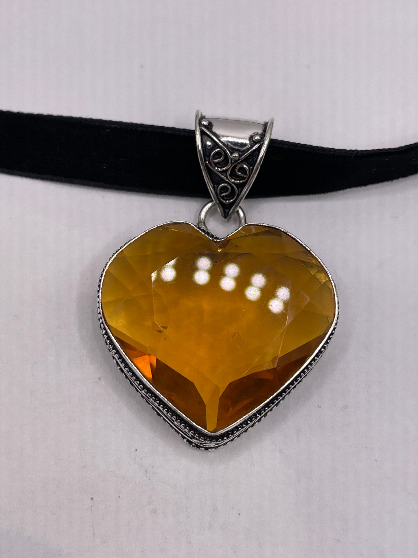 Vintage Amber Glass Heart Antique Black Velvet Ribbon Choker Necklace