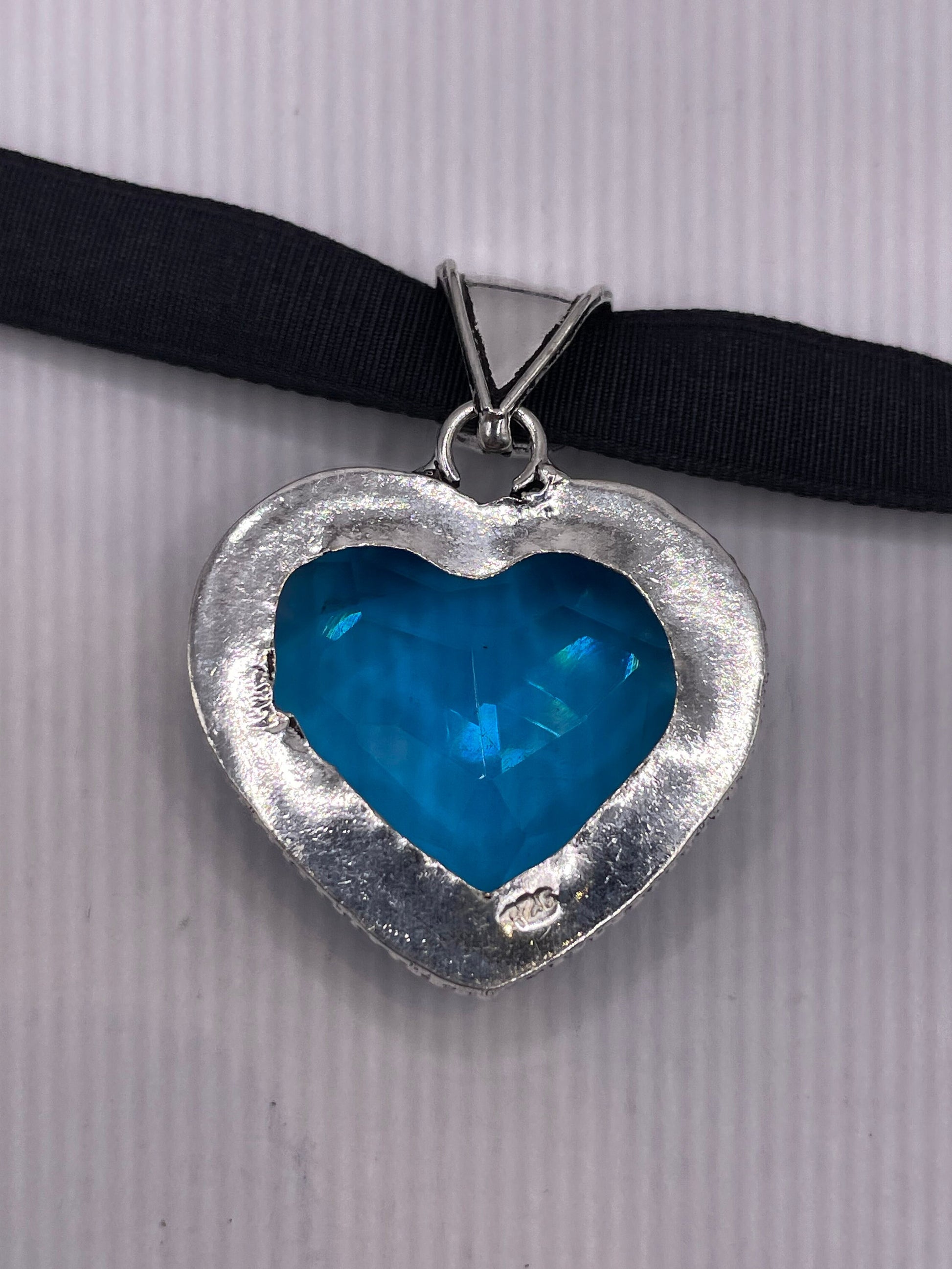 Vintage Heart Antique Aqua Blue Glass Choker Necklace