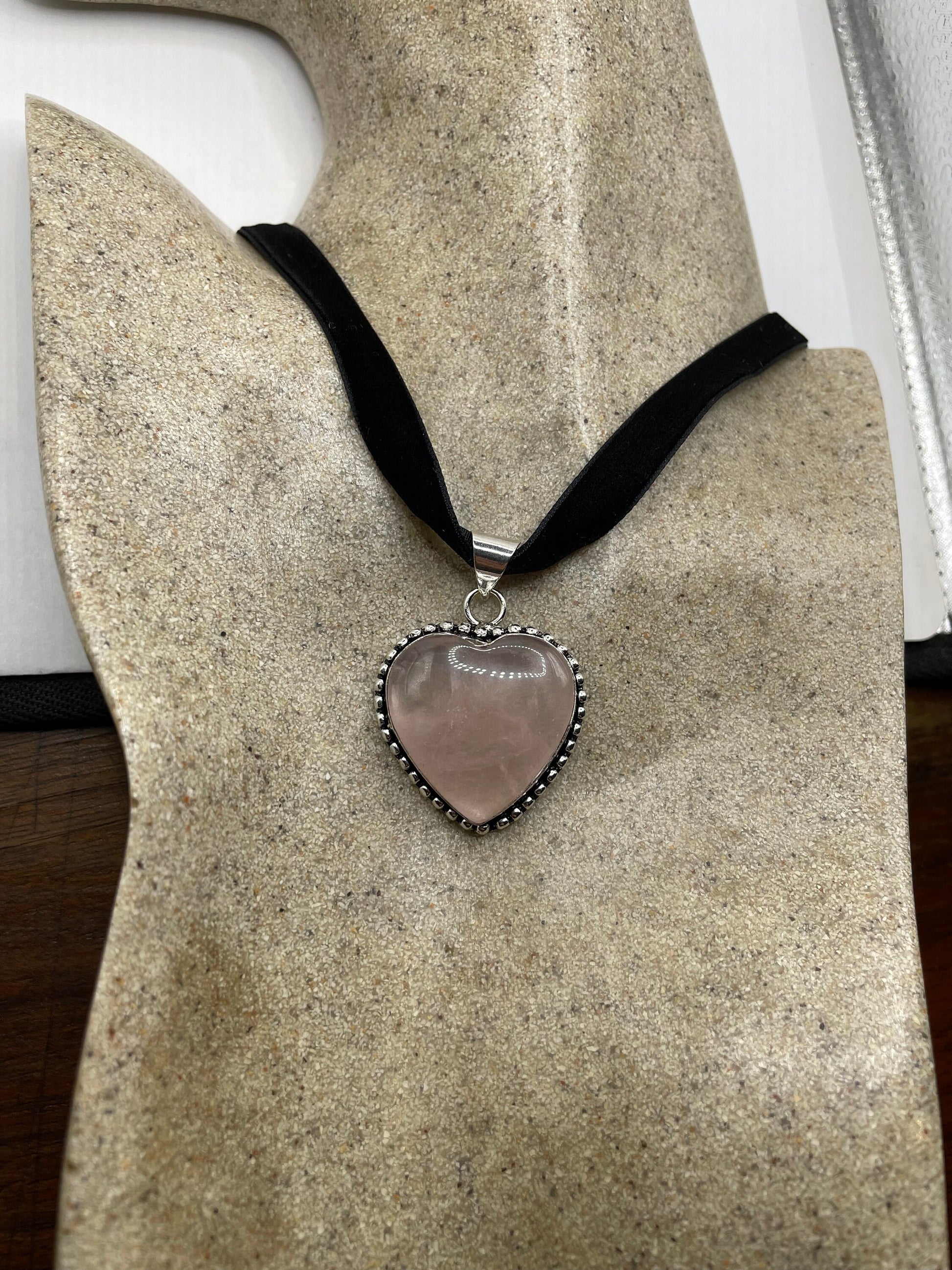 Vintage Rose Quartz Heart Choker Pendant