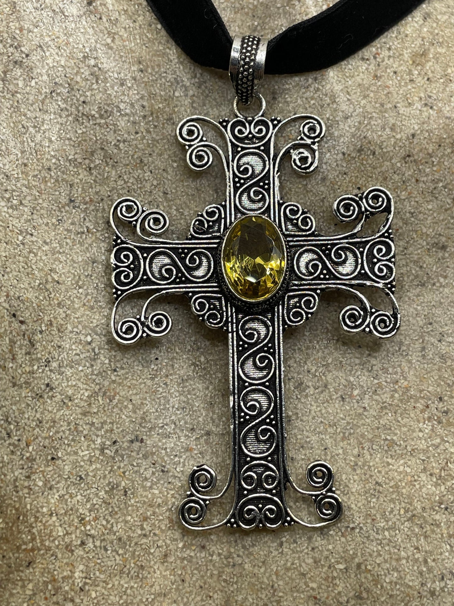 Vintage Silver Golden Citrine Cross Choker Black Velvet Necklace.