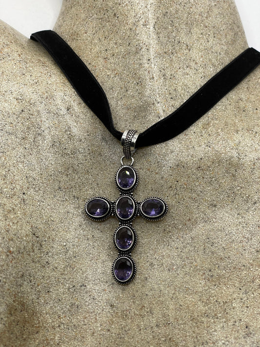 Vintage Purple Amethyst Cross Choker Necklace