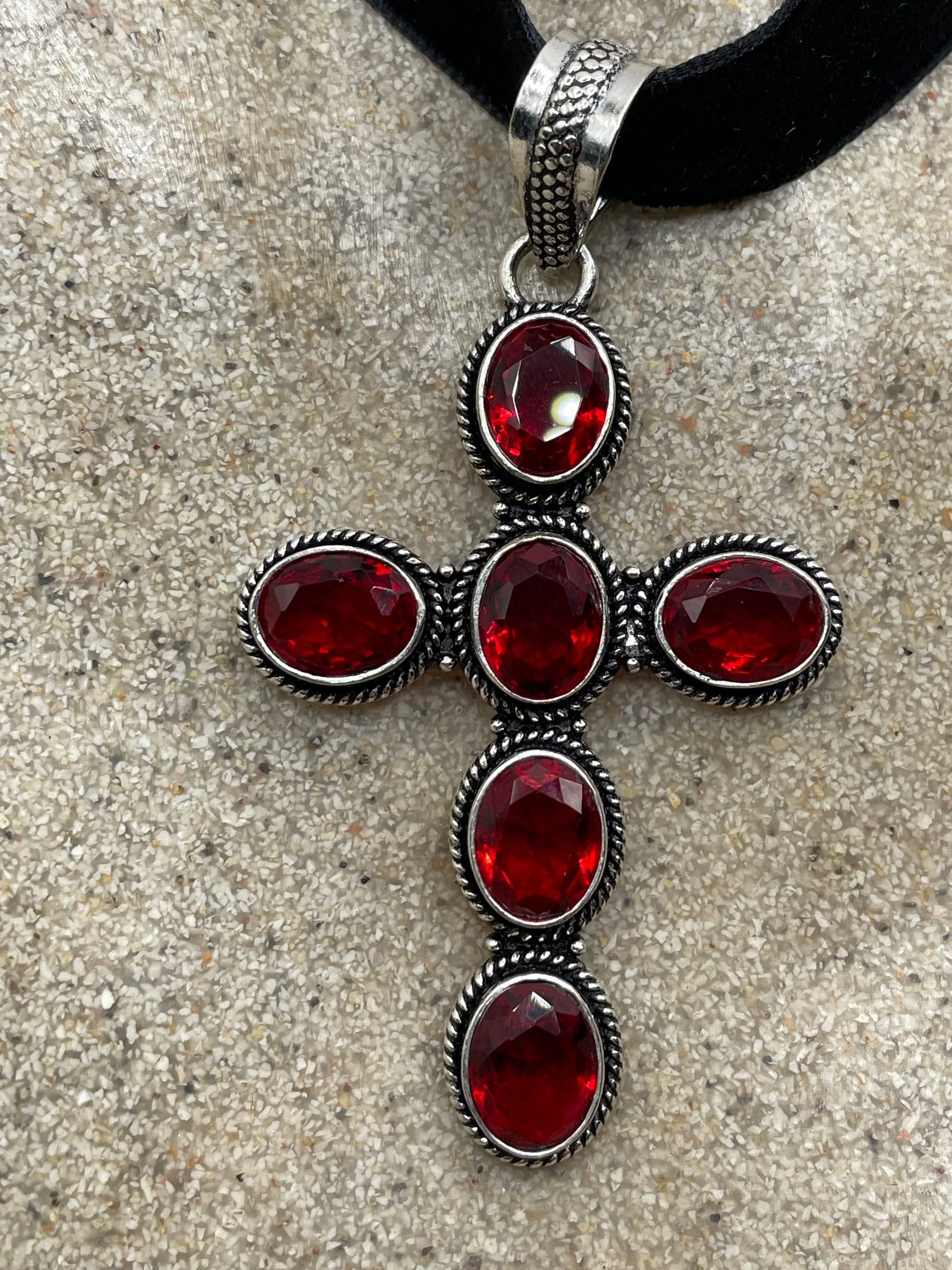 Vintage Red Ruby Glass Cross Choker Black Velvet Necklace.