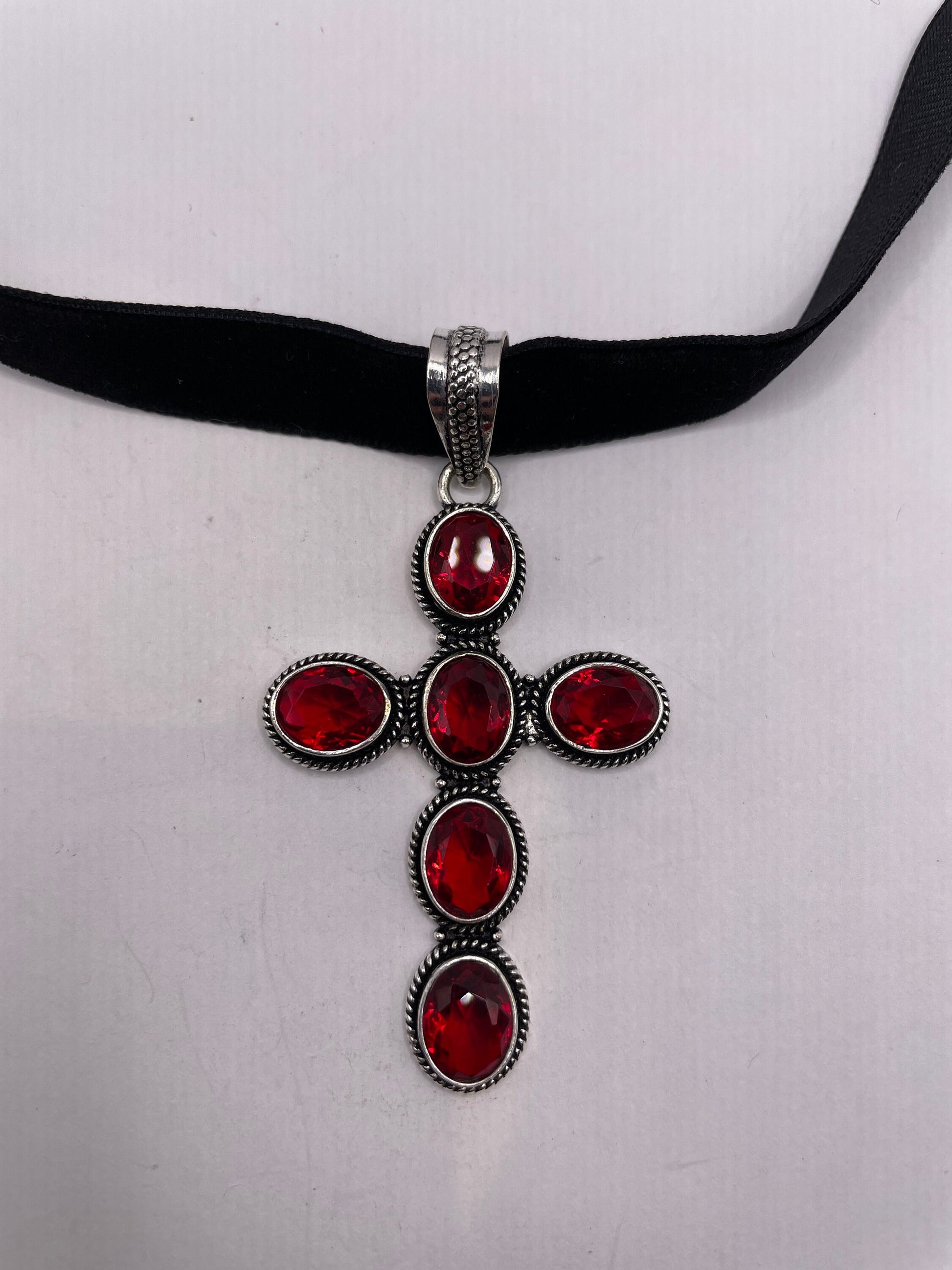 Vintage Red Ruby Glass Cross Choker Black Velvet Necklace.