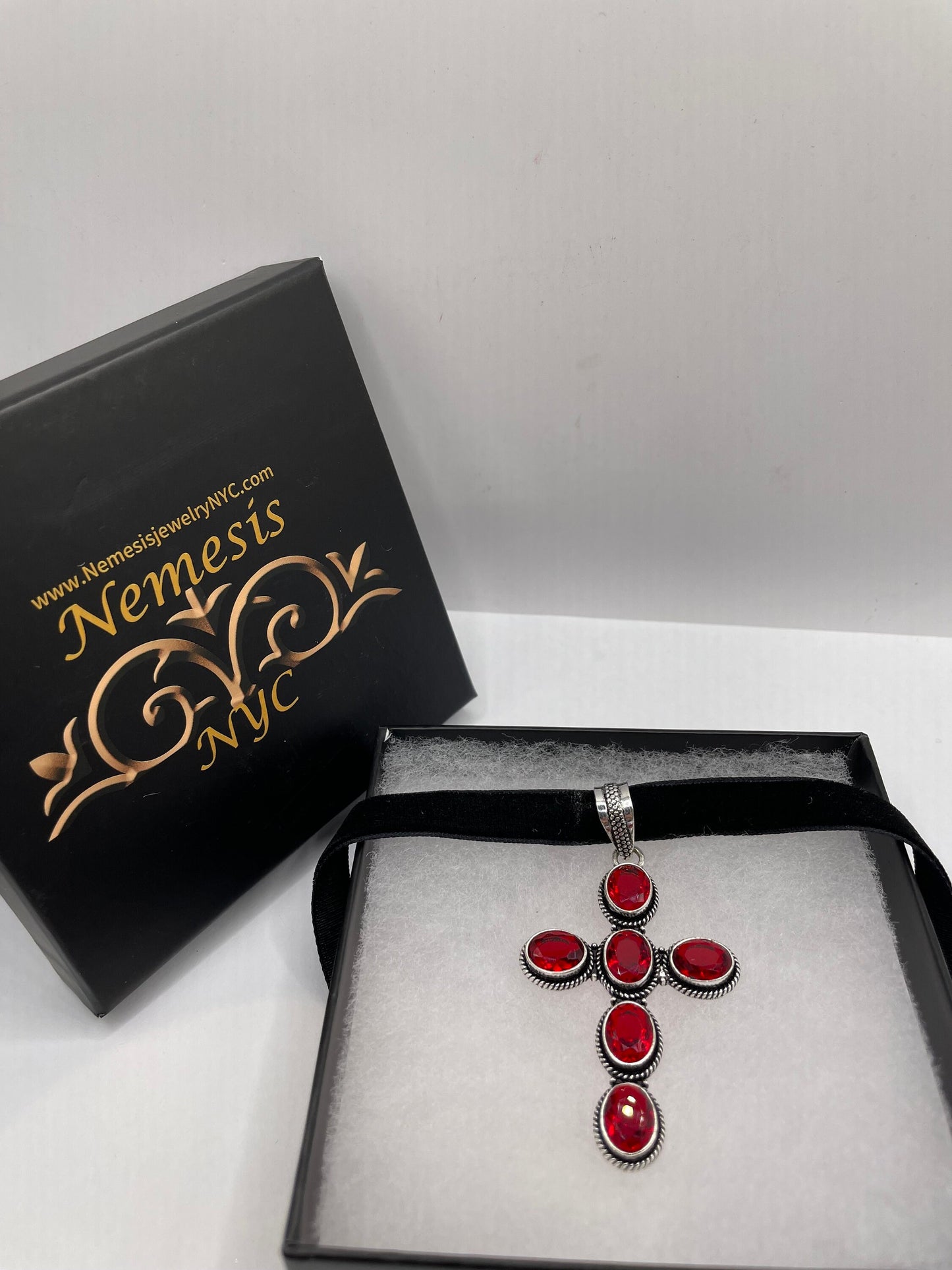 Vintage Red Ruby Glass Cross Choker Black Velvet Necklace.