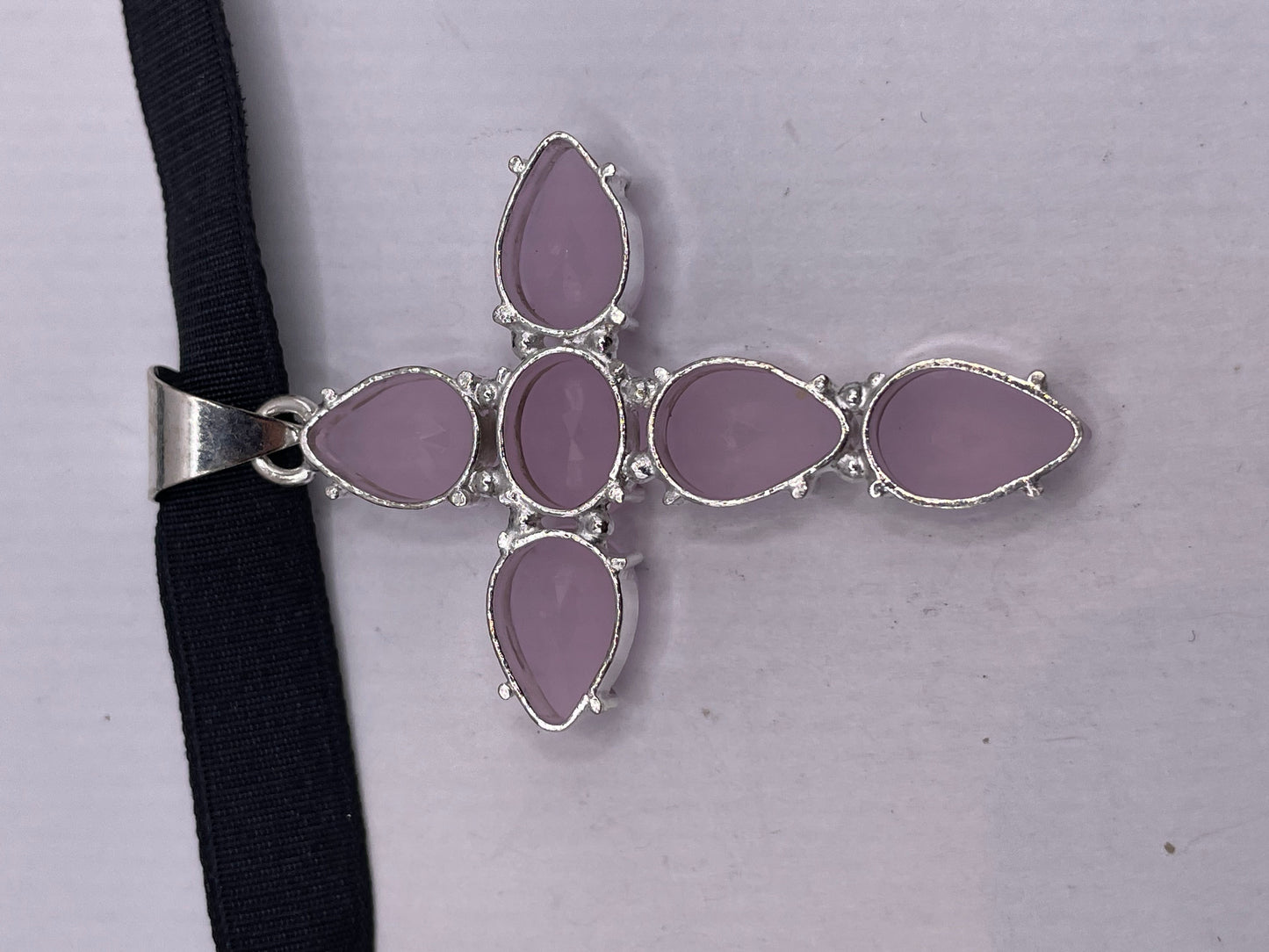 Nemesis Vintage Handmade Silver Finish Rose Quartz Cross Choker Pendant