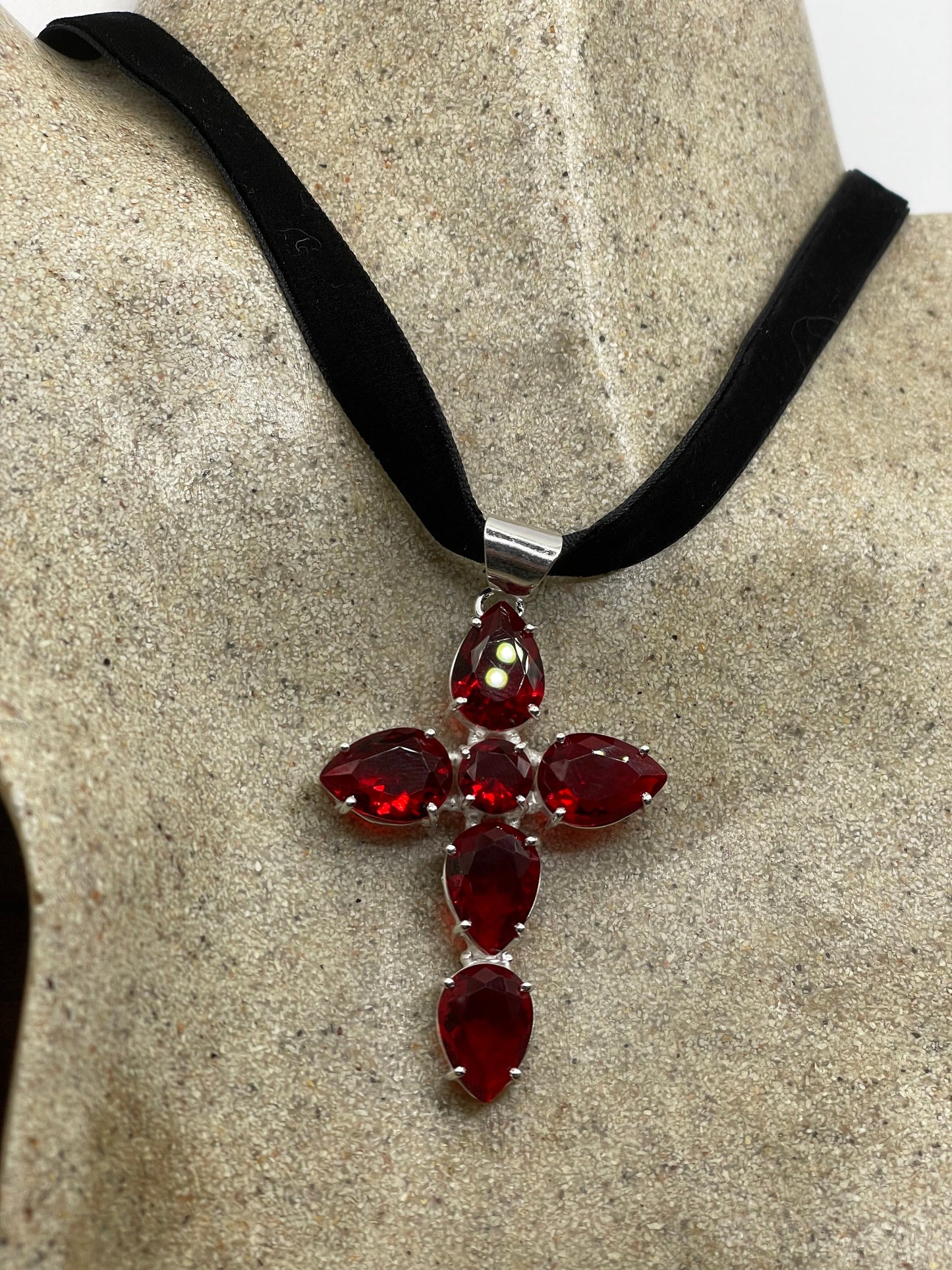 Vintage Red Ruby Glass Cross Choker Black Velvet Necklace.