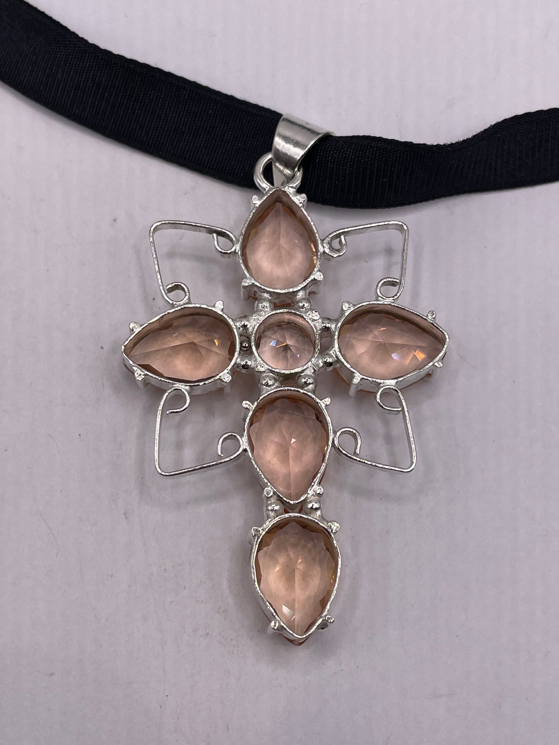 Vintage Pink Topaz Glass Cross Choker Black Velvet Necklace.