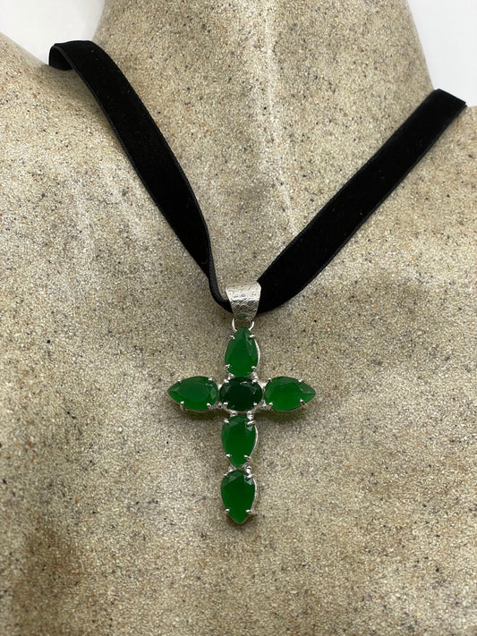Vintage Green Emerald Glass Cross Choker Pendant
