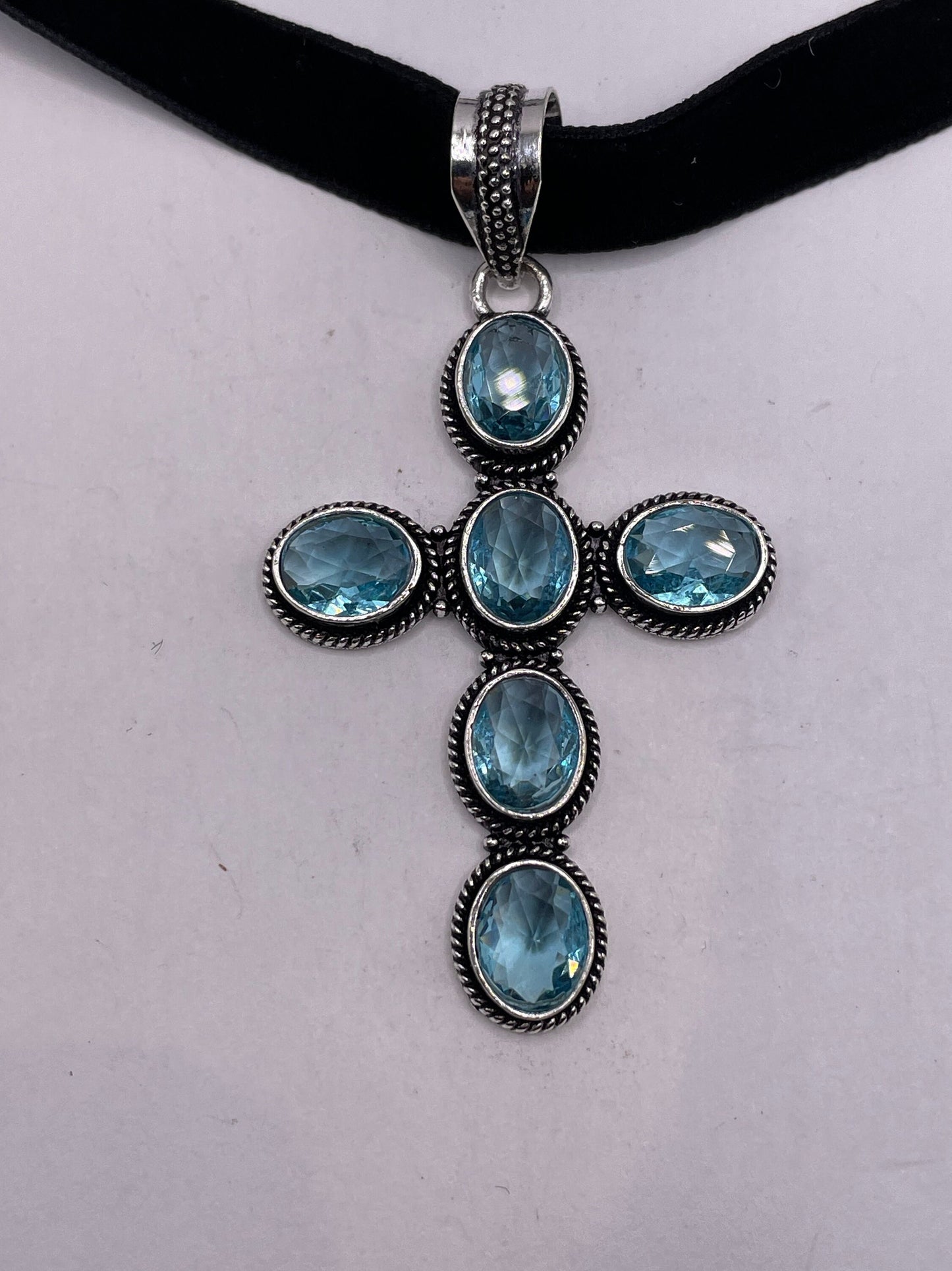 Vintage Blue Topaz Cross Choker Black Velvet Ribbon Pendant