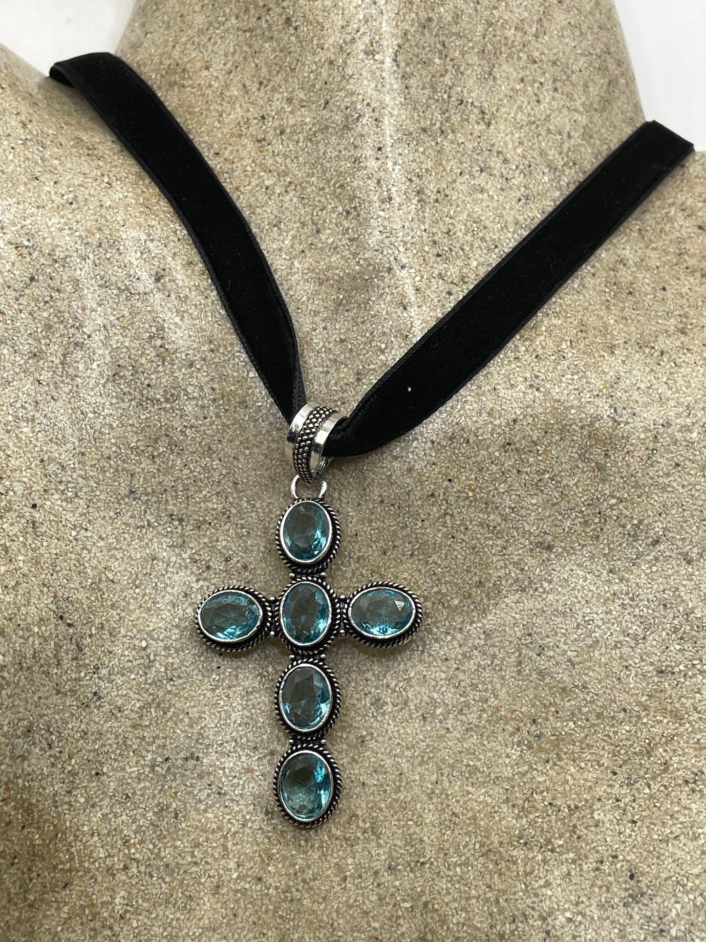 Vintage Blue Topaz Cross Choker Black Velvet Ribbon Pendant