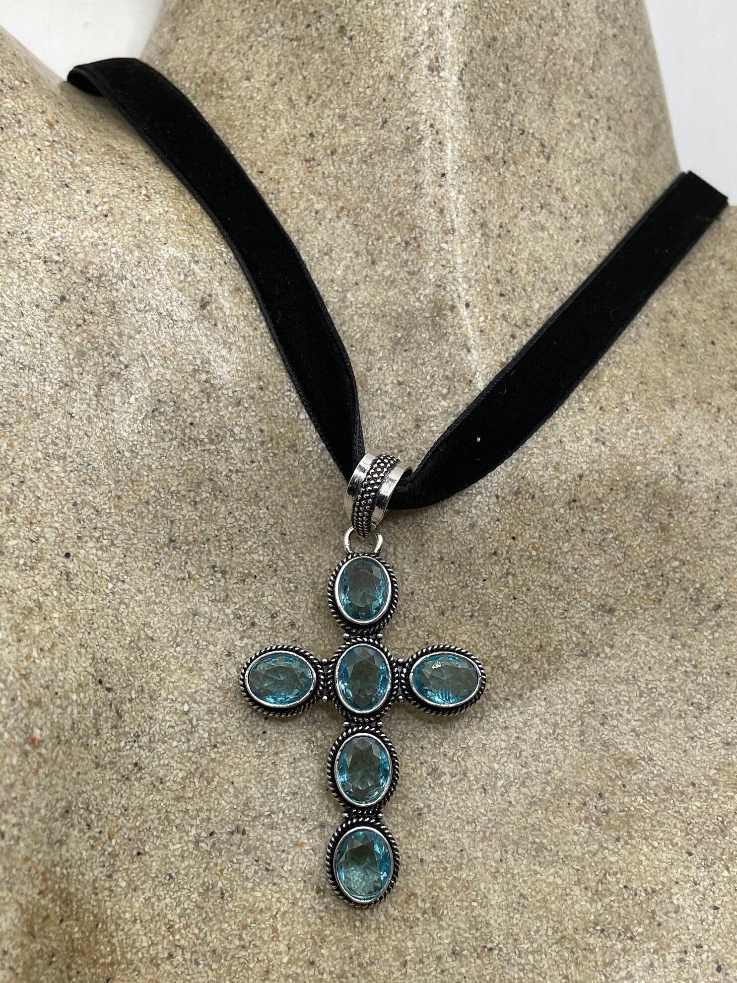 Vintage Blue Topaz Cross Choker Black Velvet Ribbon Pendant