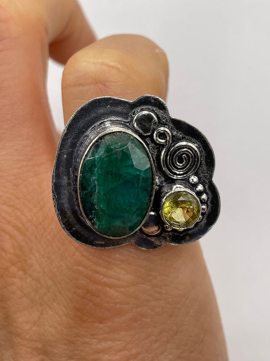 Vintage Green Raw Emerald Silver Bronze Statement Boho Ring