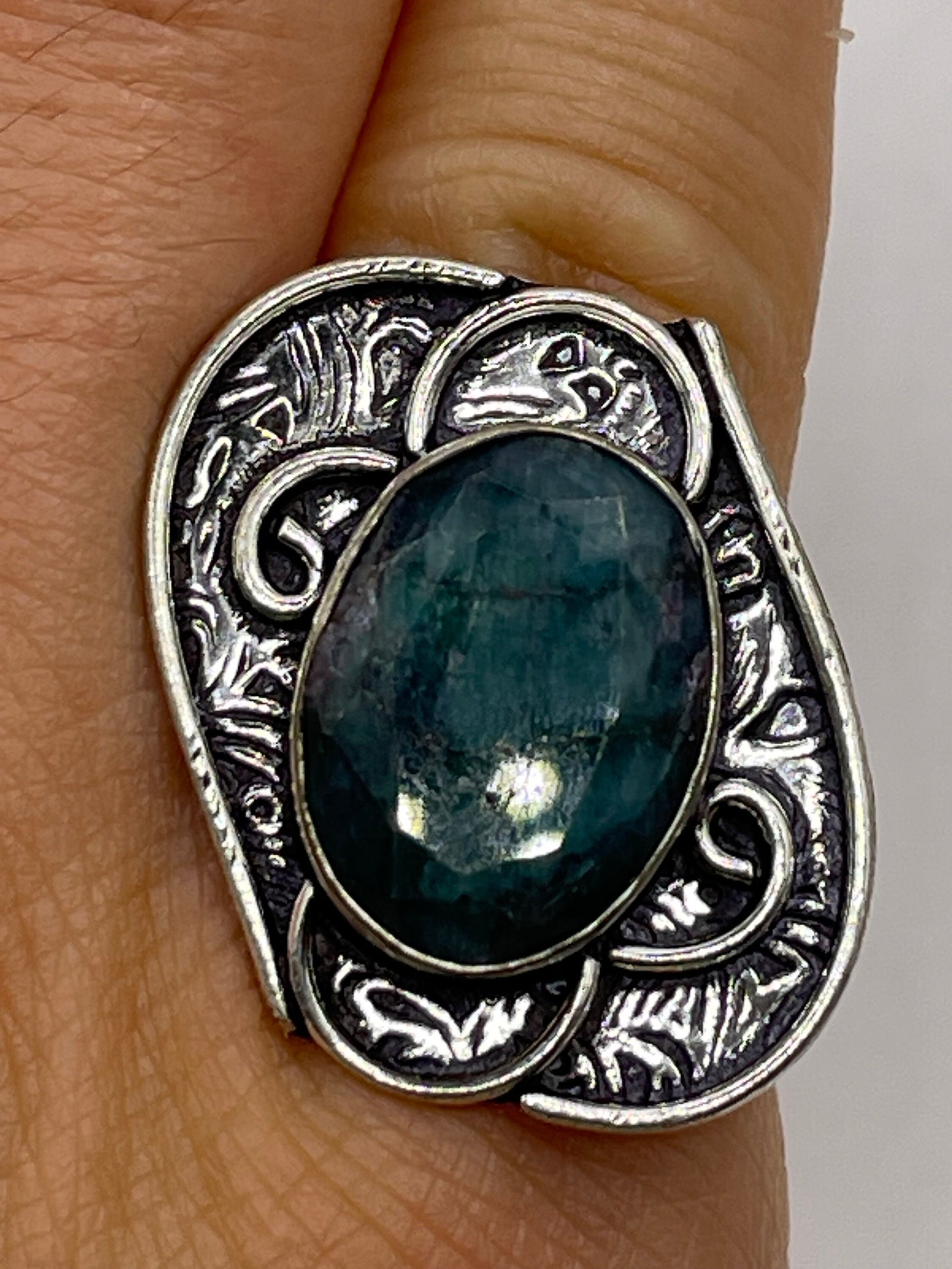 Vintage Green Raw Emerald Silver Bronze Statement Boho Ring 6.25