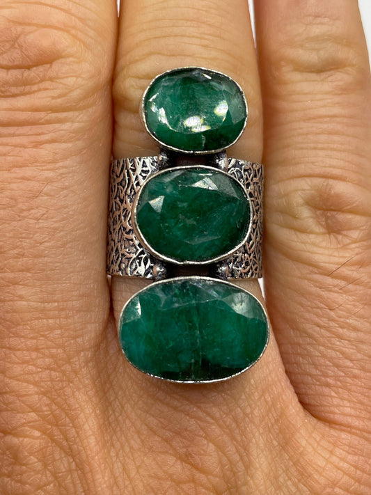 Vintage Green Raw Emerald Silver Bronze Statement Boho Ring