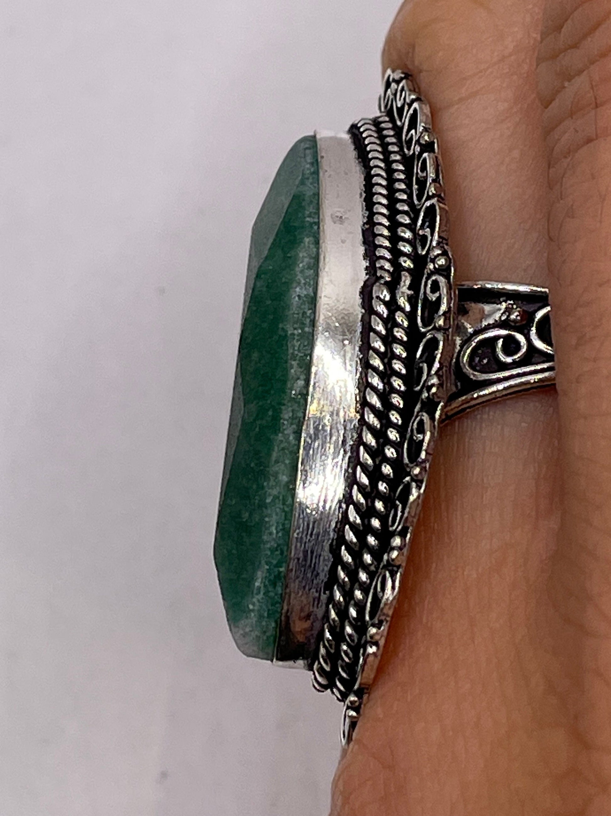 Vintage Green Raw Emerald Silver Bronze Statement Boho Ring