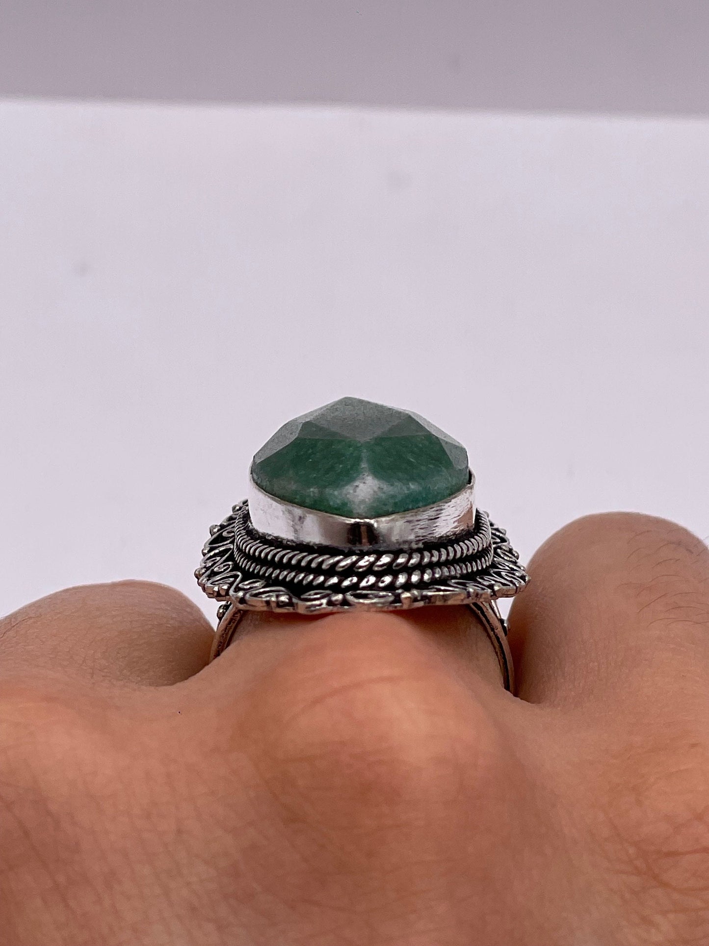 Vintage Green Raw Emerald Silver Bronze Statement Boho Ring