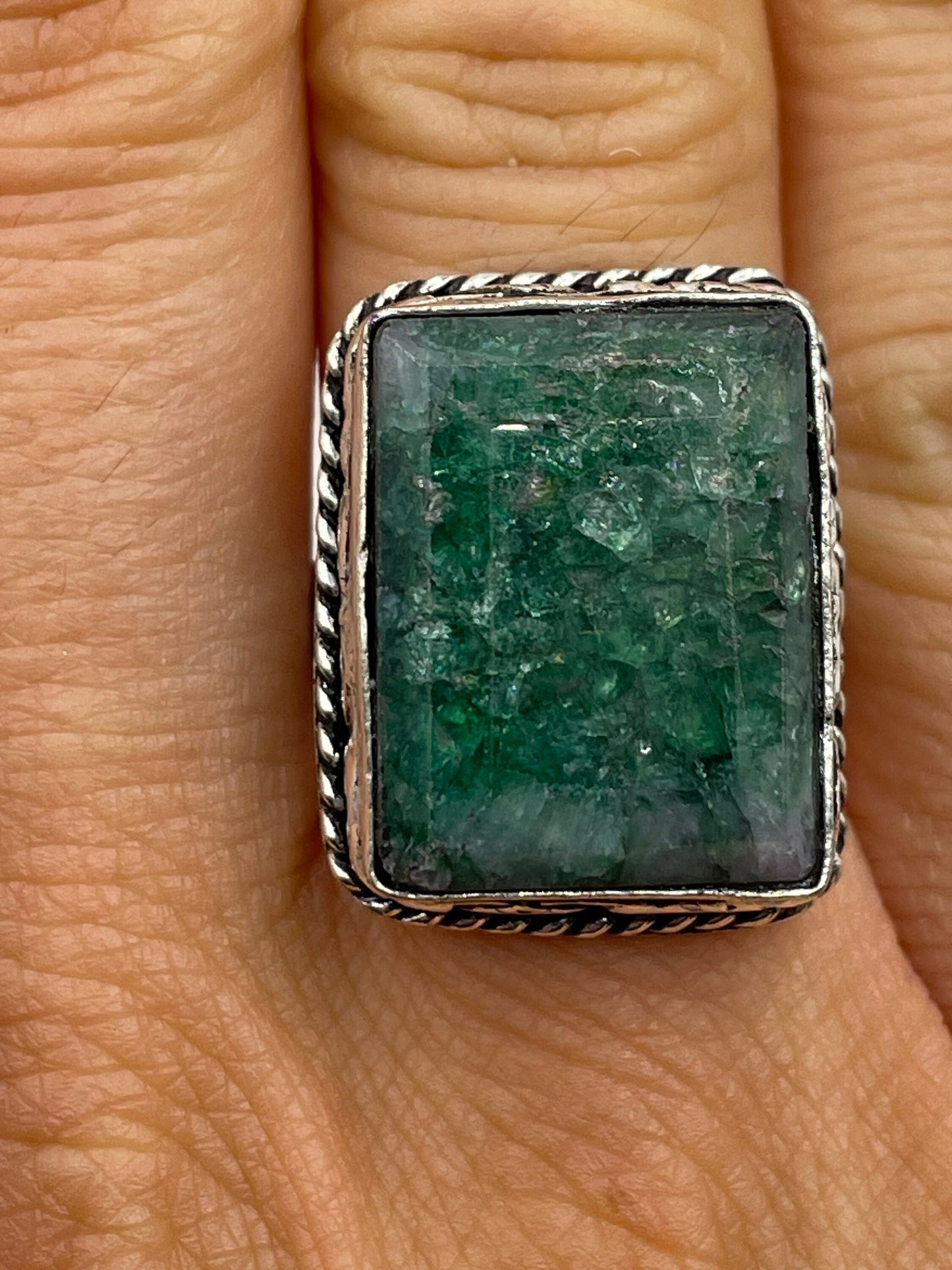 Vintage Green Raw Emerald Silver Bronze Statement Boho Ring