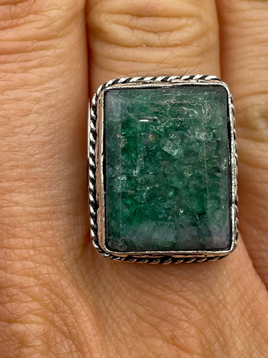 Vintage Green Raw Emerald Silver Bronze Statement Boho Ring