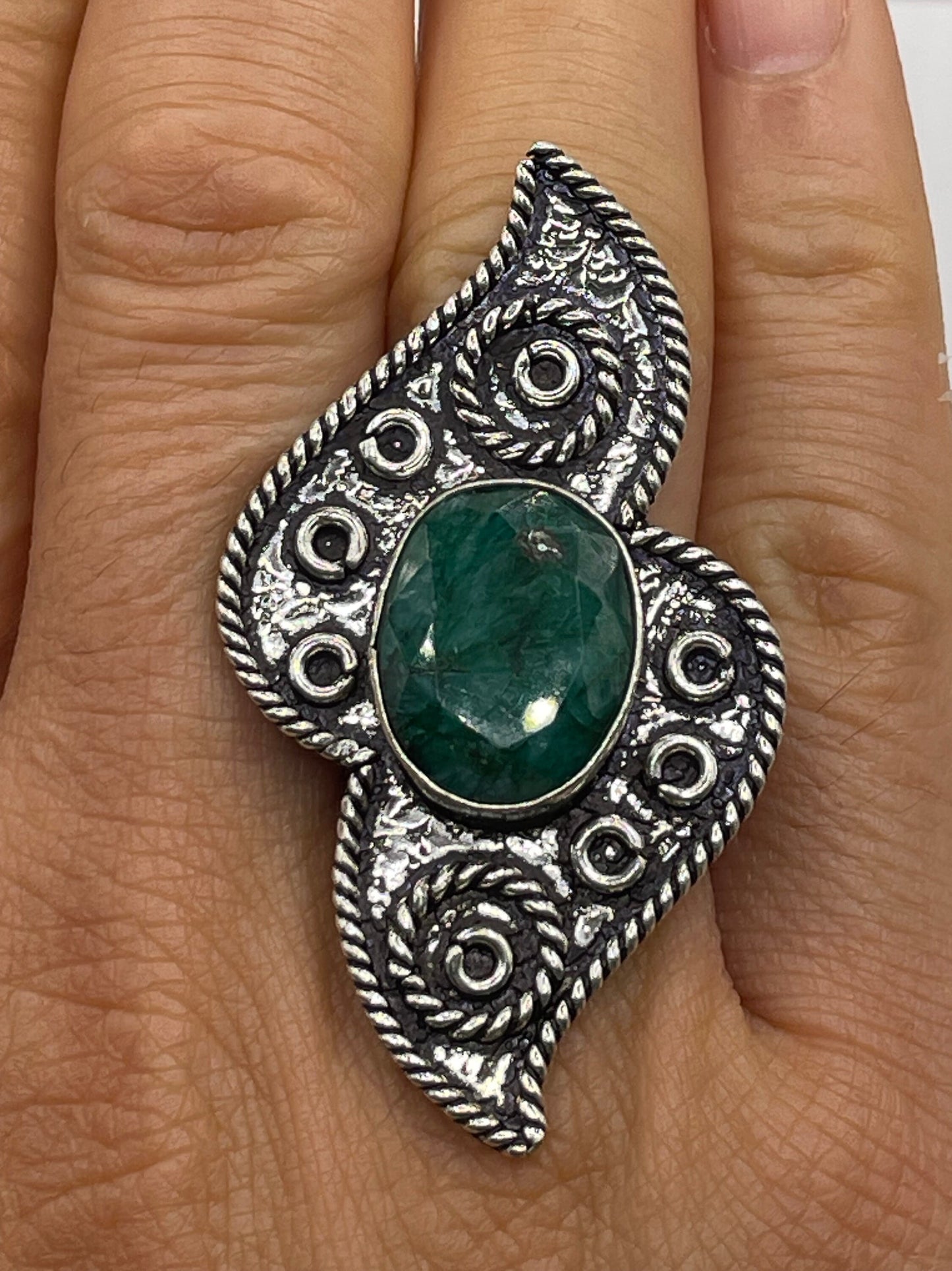 Vintage Green Raw Emerald Silver Bronze Statement Boho Ring