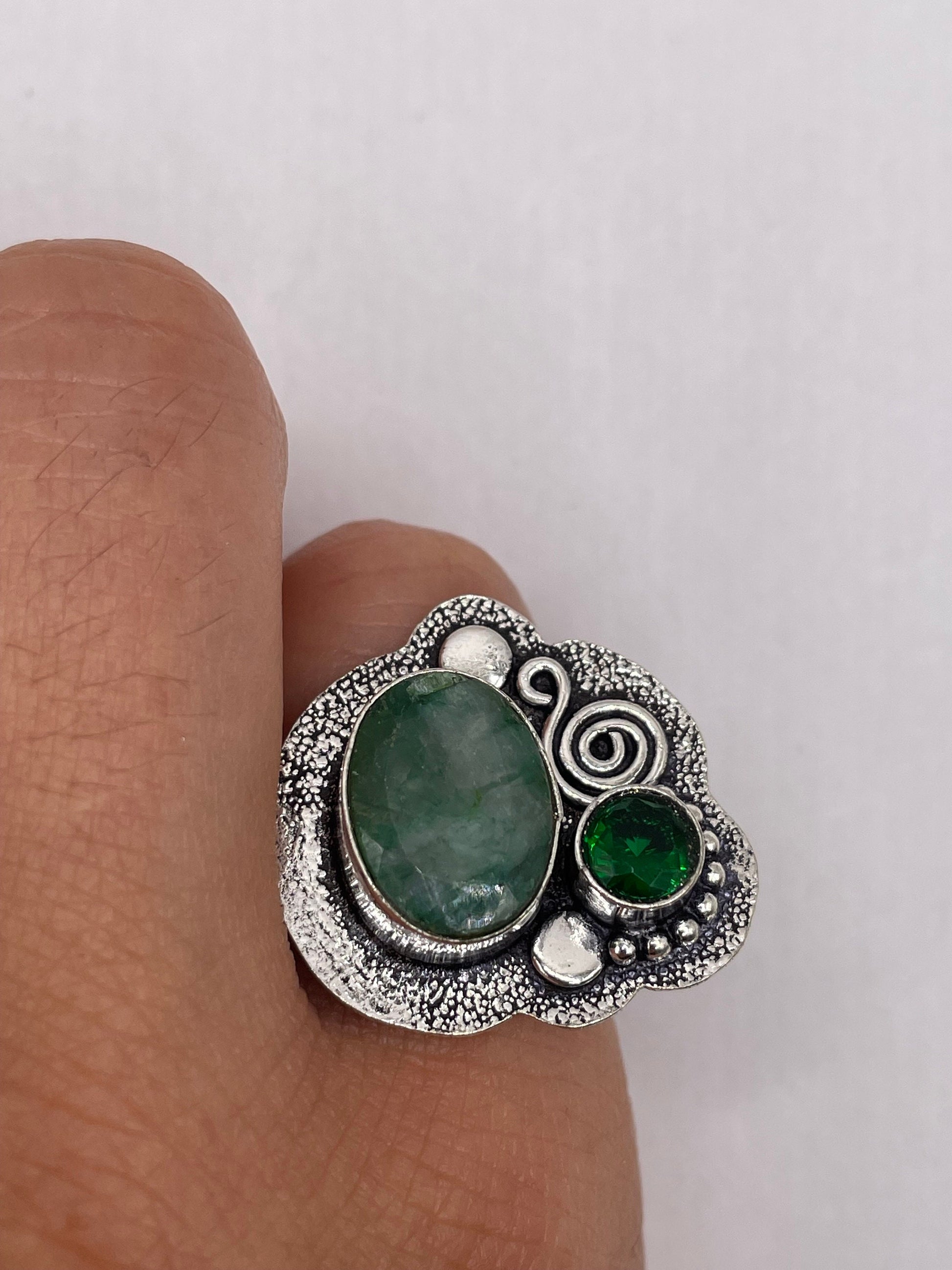 Vintage Green Raw Emerald Silver Bronze Statement Boho Ring