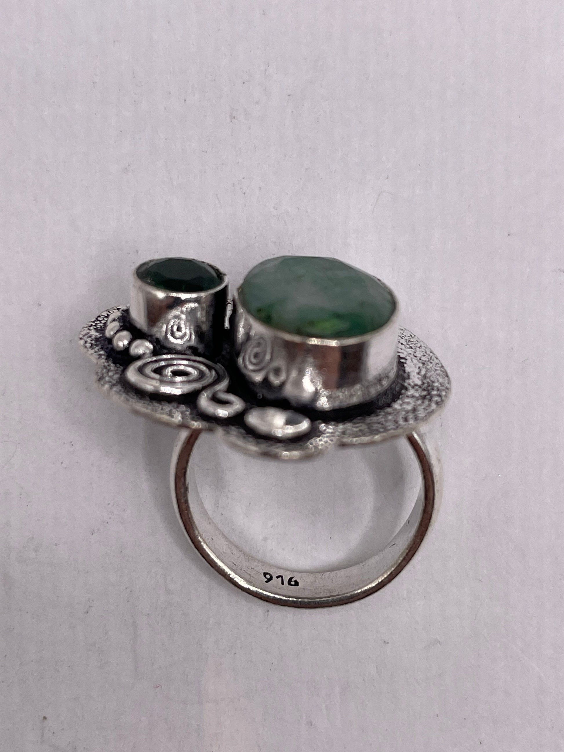 Vintage Green Raw Emerald Silver Bronze Statement Boho Ring