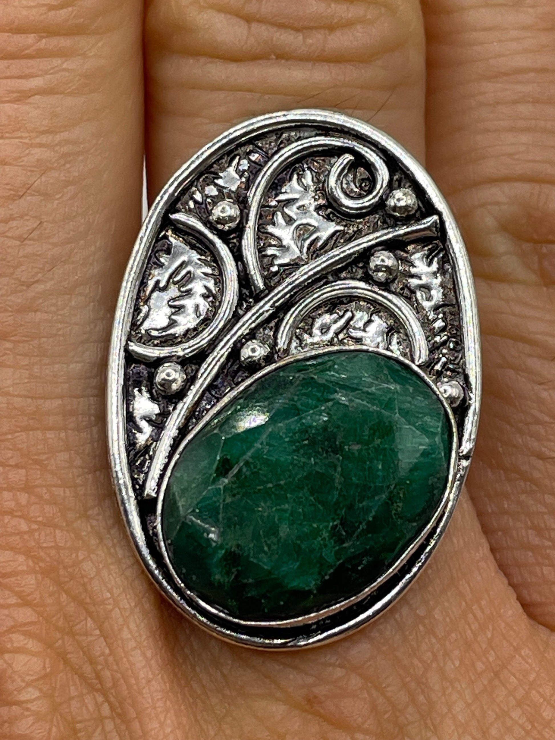 Vintage Green Raw Emerald Silver Bronze Statement Boho Ring