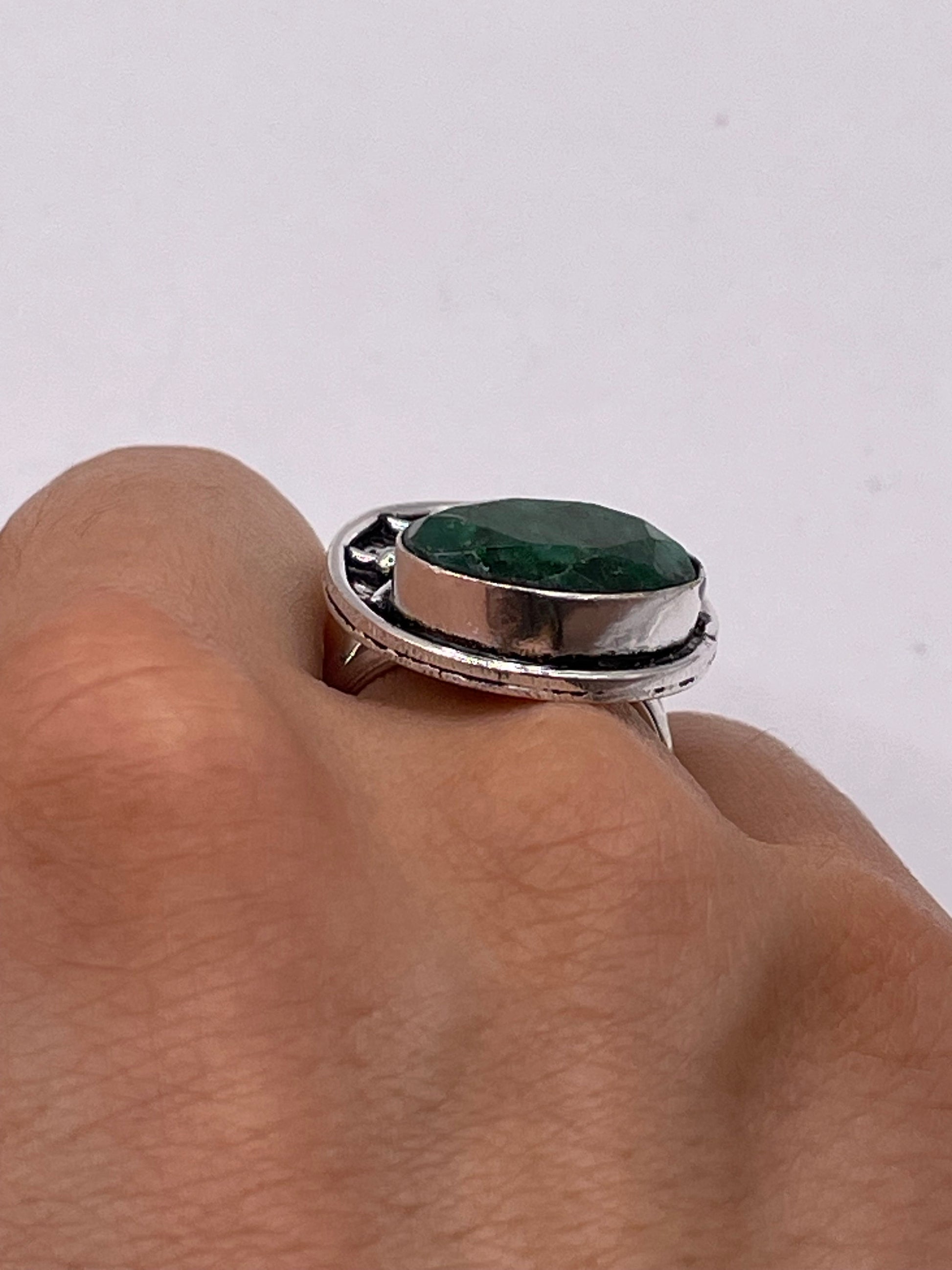 Vintage Green Raw Emerald Silver Bronze Statement Boho Ring