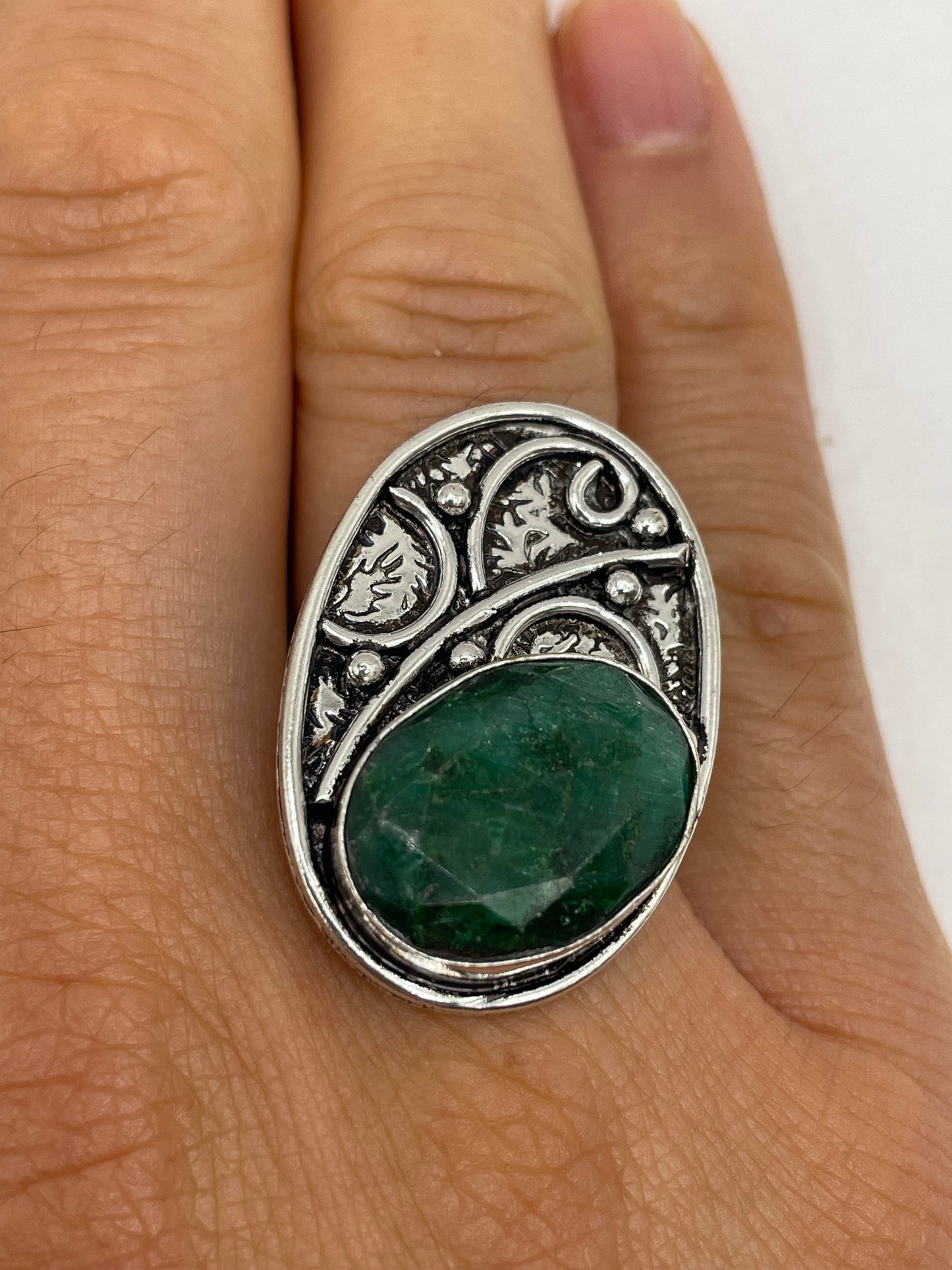 Vintage Green Raw Emerald Silver Bronze Statement Boho Ring