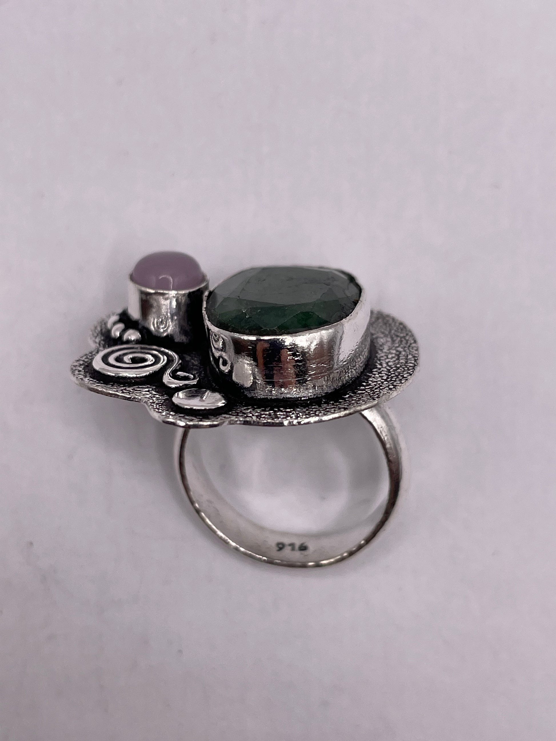 Vintage Green Raw Emerald Silver Bronze Statement Boho Ring