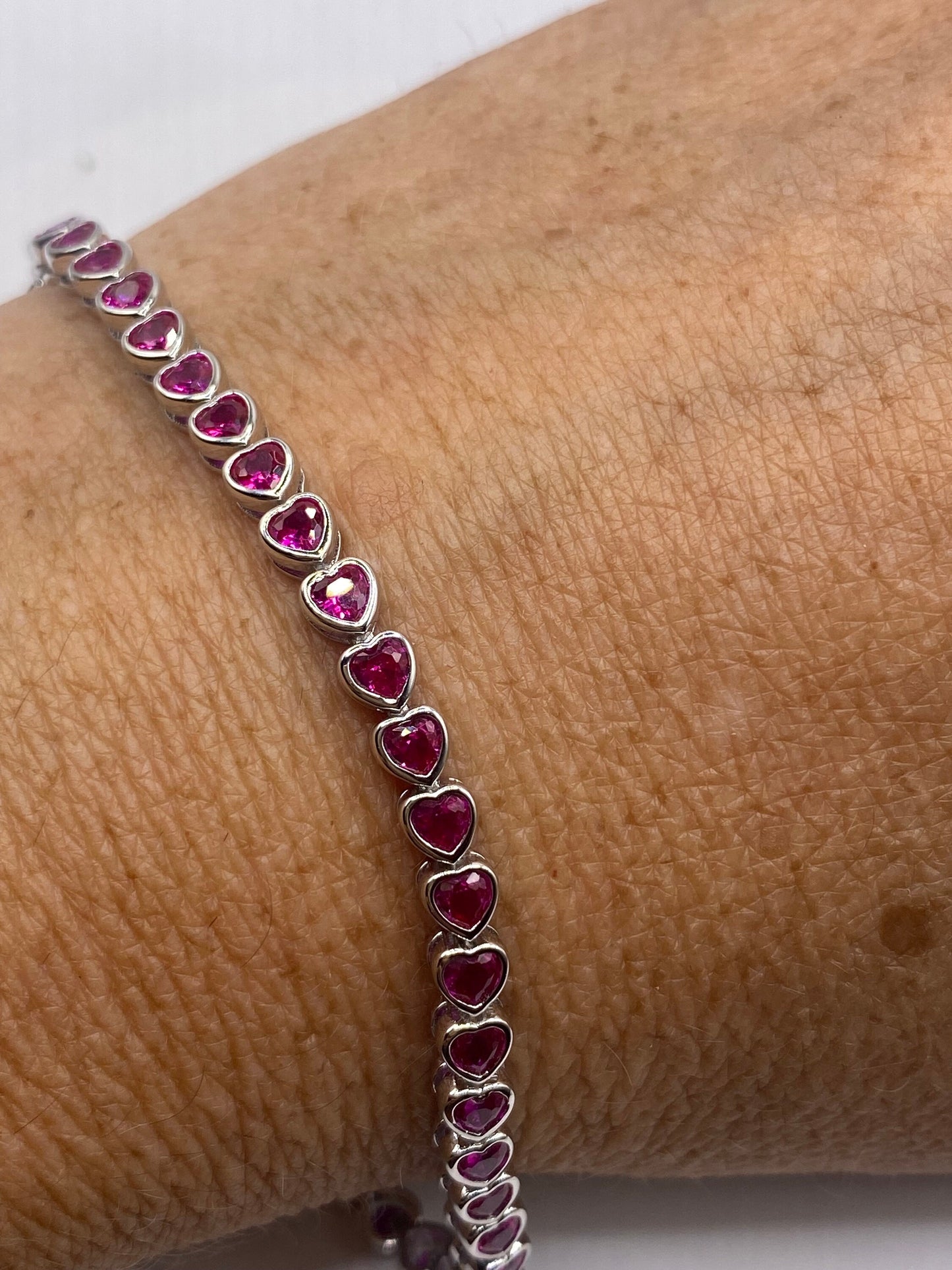 Vintage Heart Pink Ruby 925 Sterling Silver Tennis Bracelet