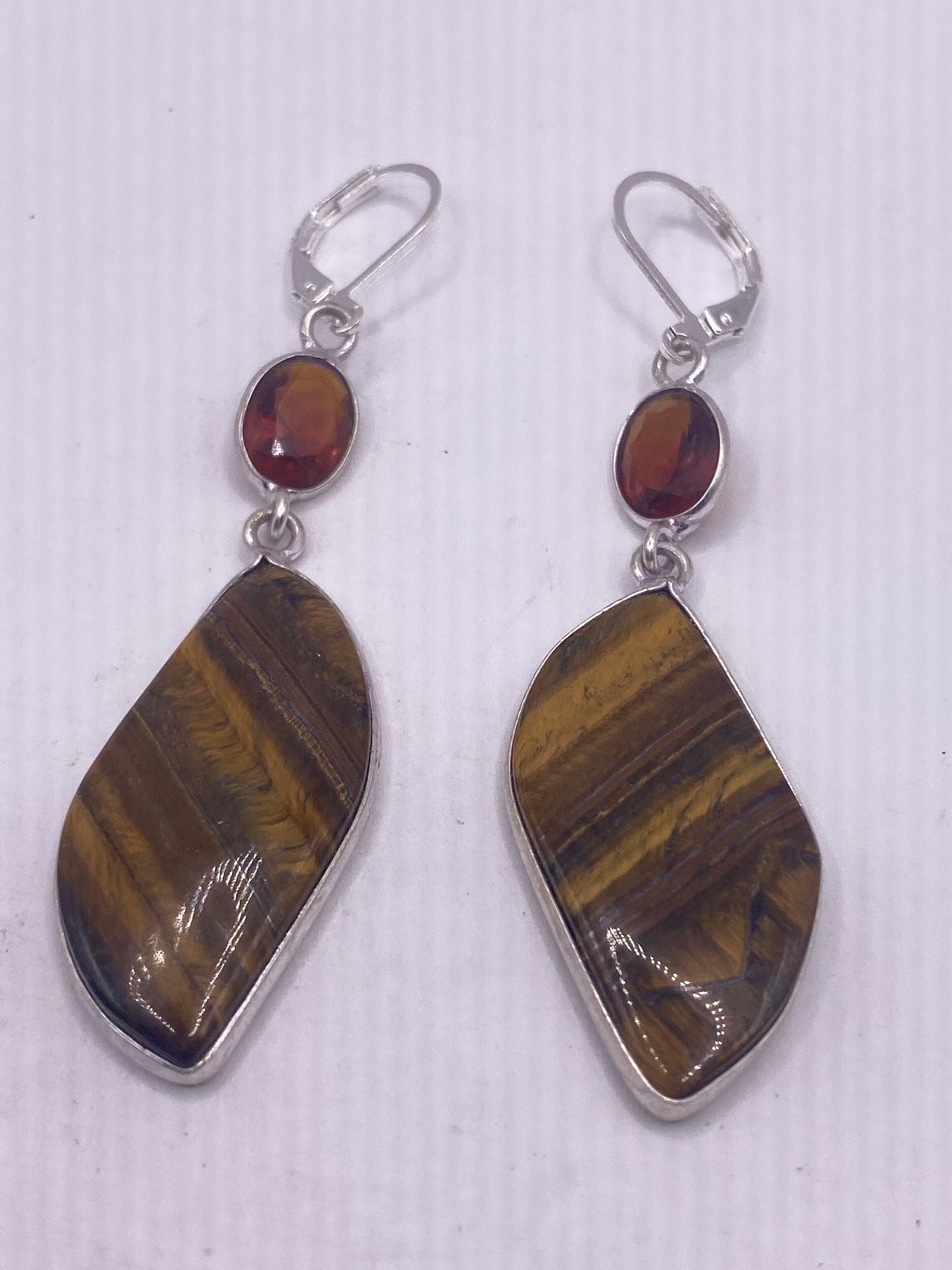 Vintage Tigers Eye Dangle Earrings 925 Sterling Silver Lever Backs