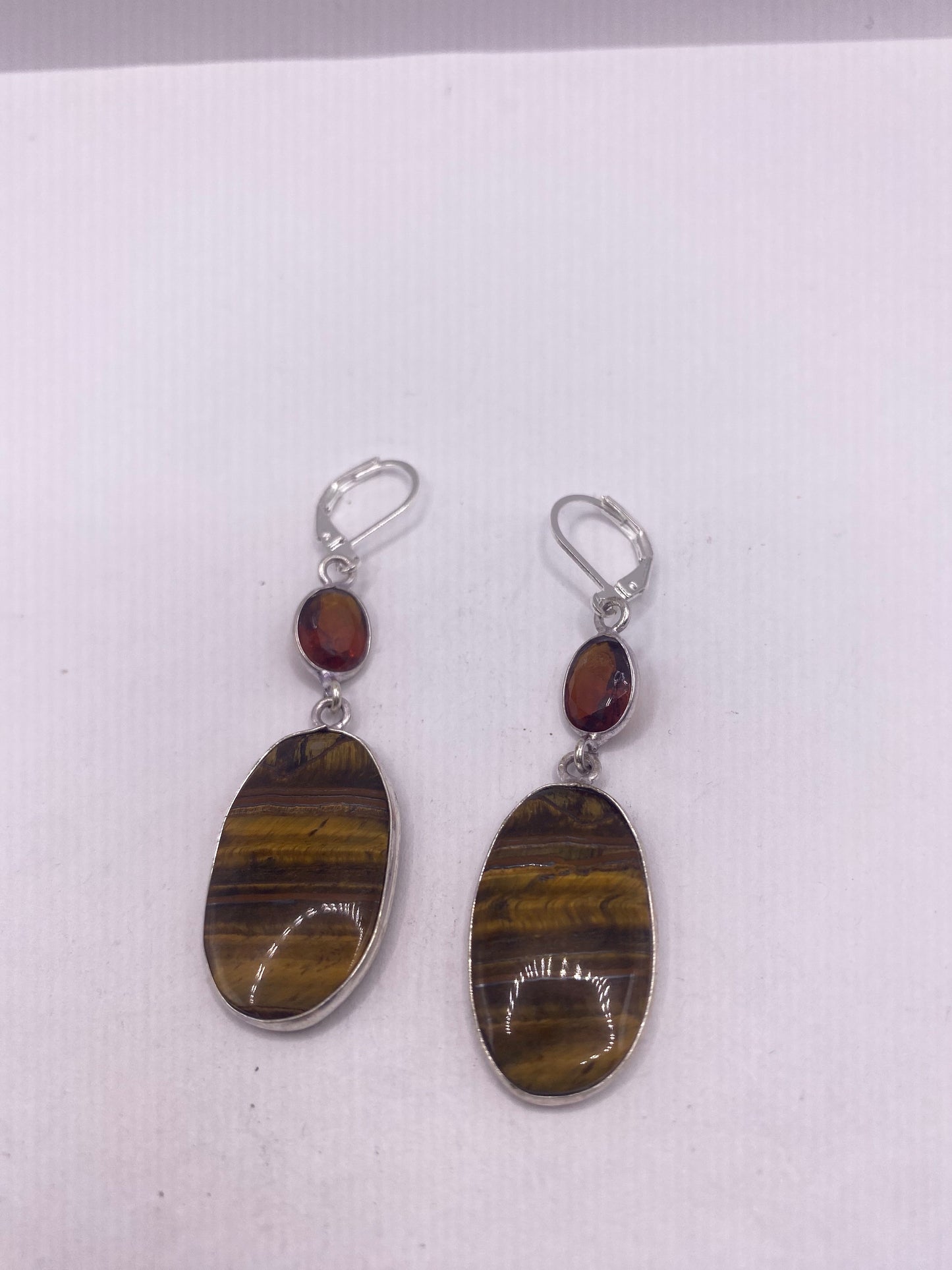 Vintage Tigers Eye Dangle Earrings 925 Sterling Silver Lever Backs