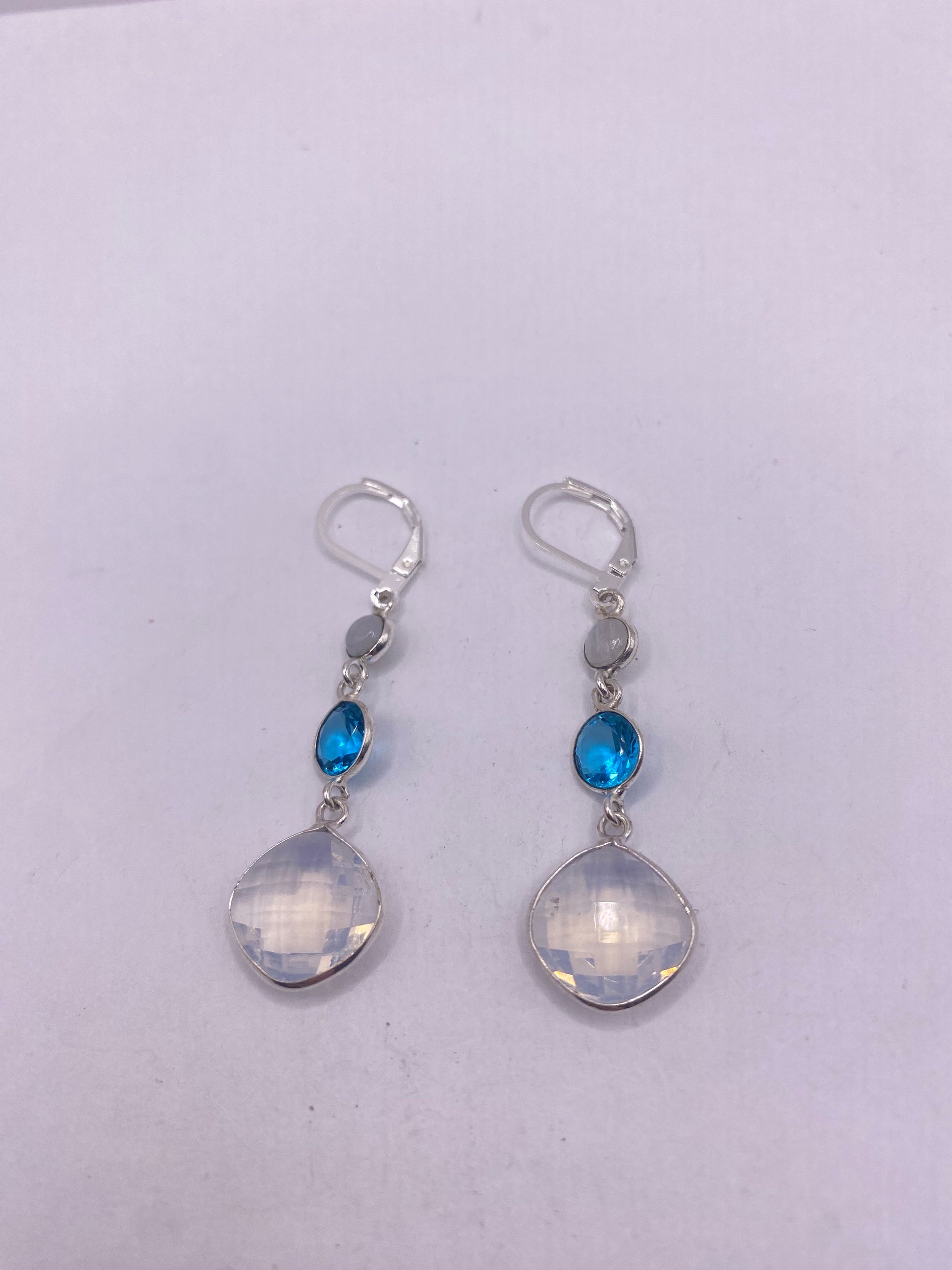 Antique Vintage Blue White Opal Glass Silver Dangle Earrings