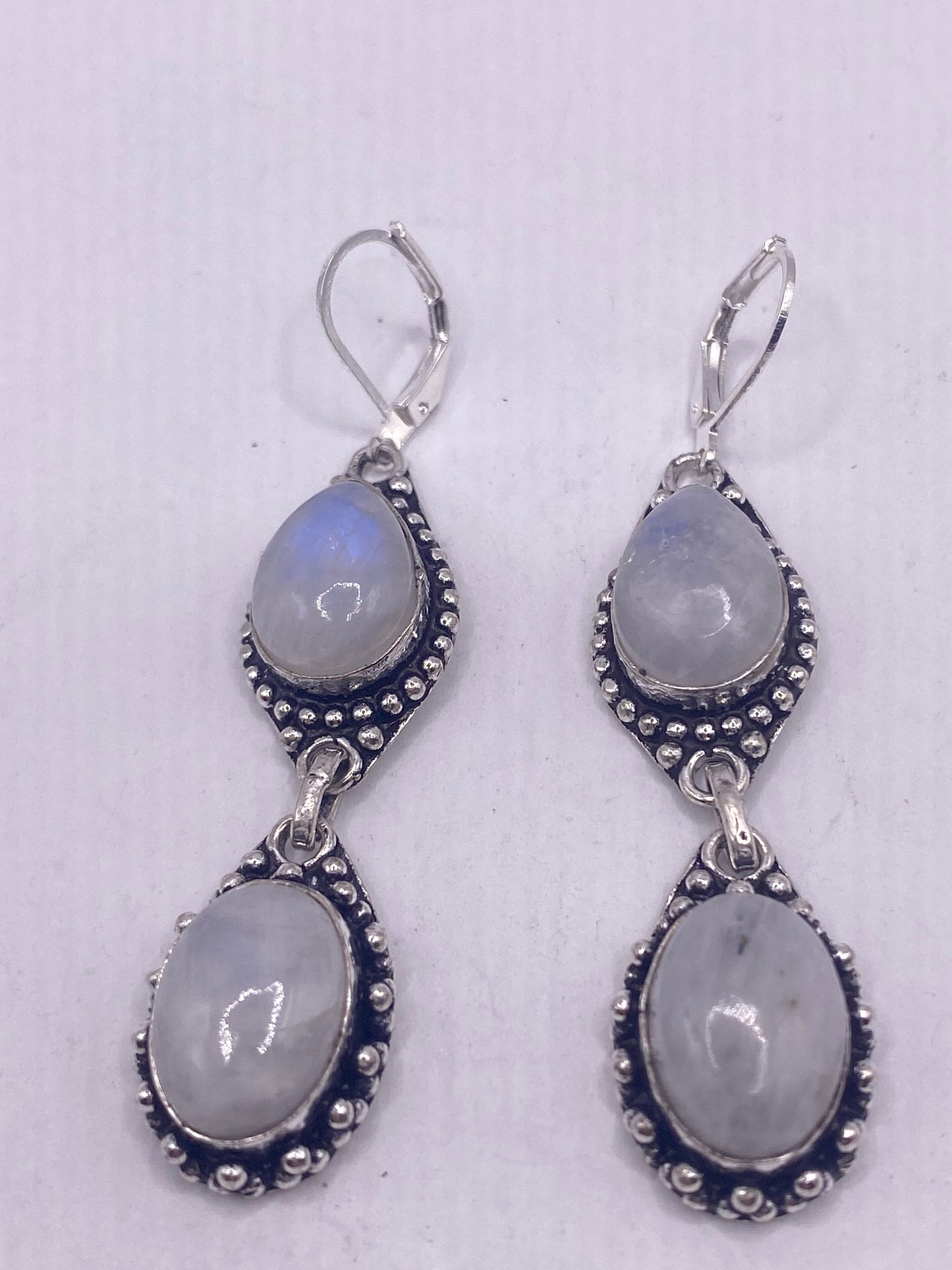 Vintage Rainbow Moonstone Sterling Silver Lever Back Dangle Earrings