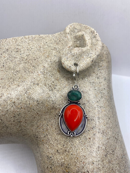 Vintage Red Coral Earrings 925 Sterling Silver Leverback