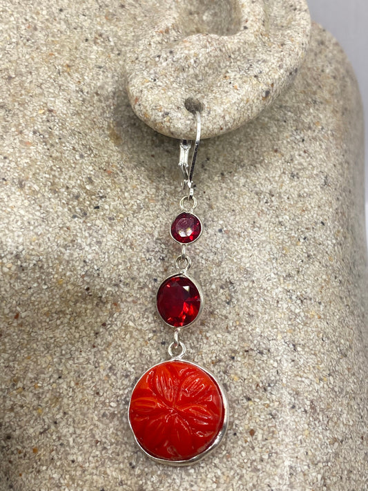 Vintage Red Coral Earrings 925 Sterling Silver Leverback
