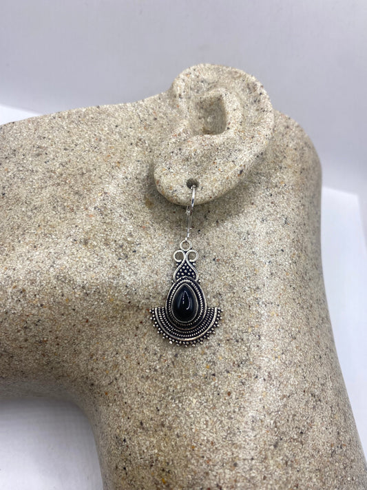 Vintage Black Earring Onyx 925 Sterling Silver Deco Dangle Chandelier