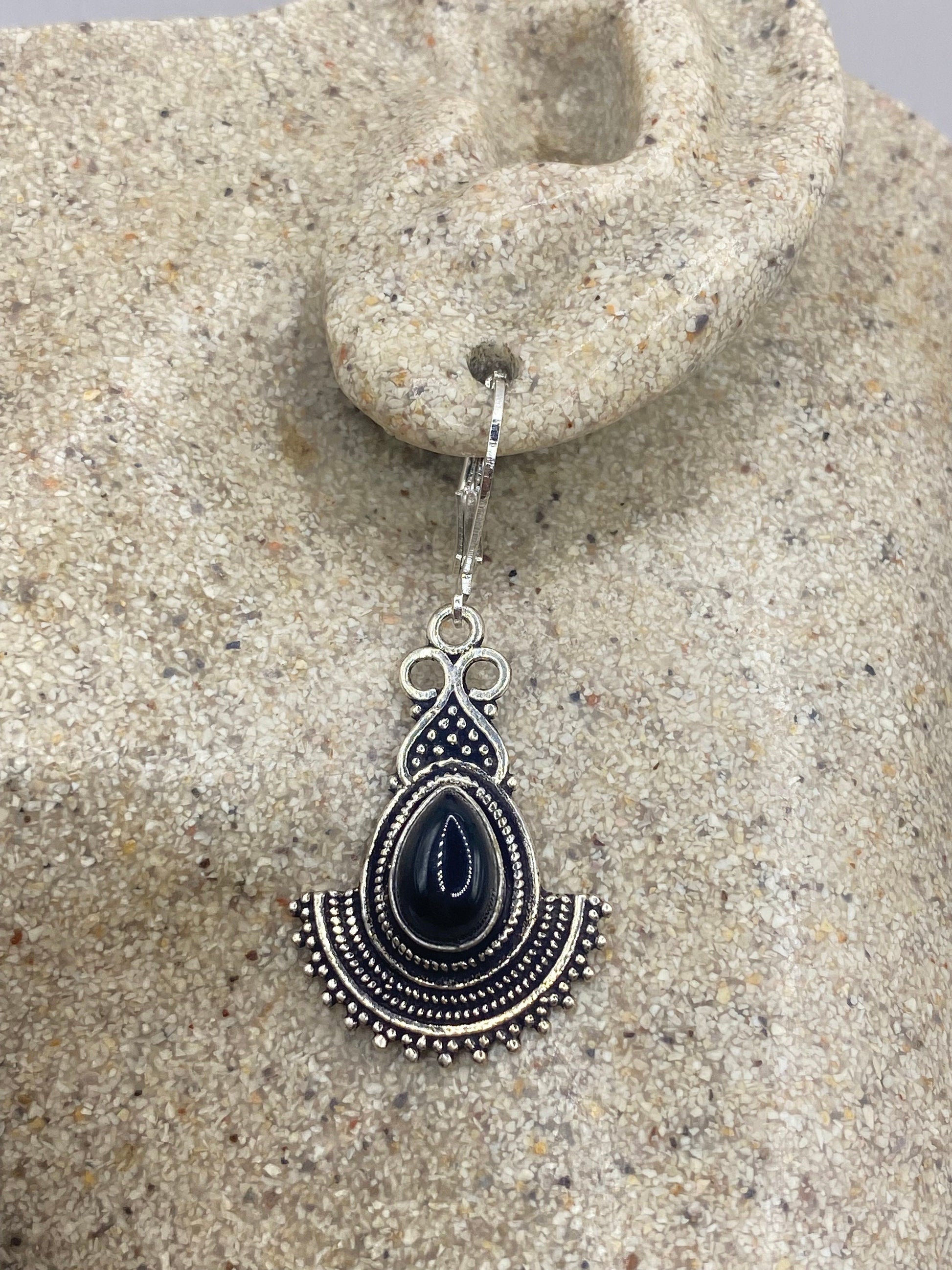 Vintage Black Earring Onyx 925 Sterling Silver Deco Dangle Chandelier